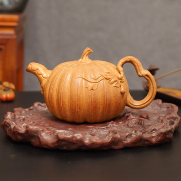 Pumpkin Ribbed Pattern Fully Handmade Flocculent Golden Duan Clay Yixing Teapot