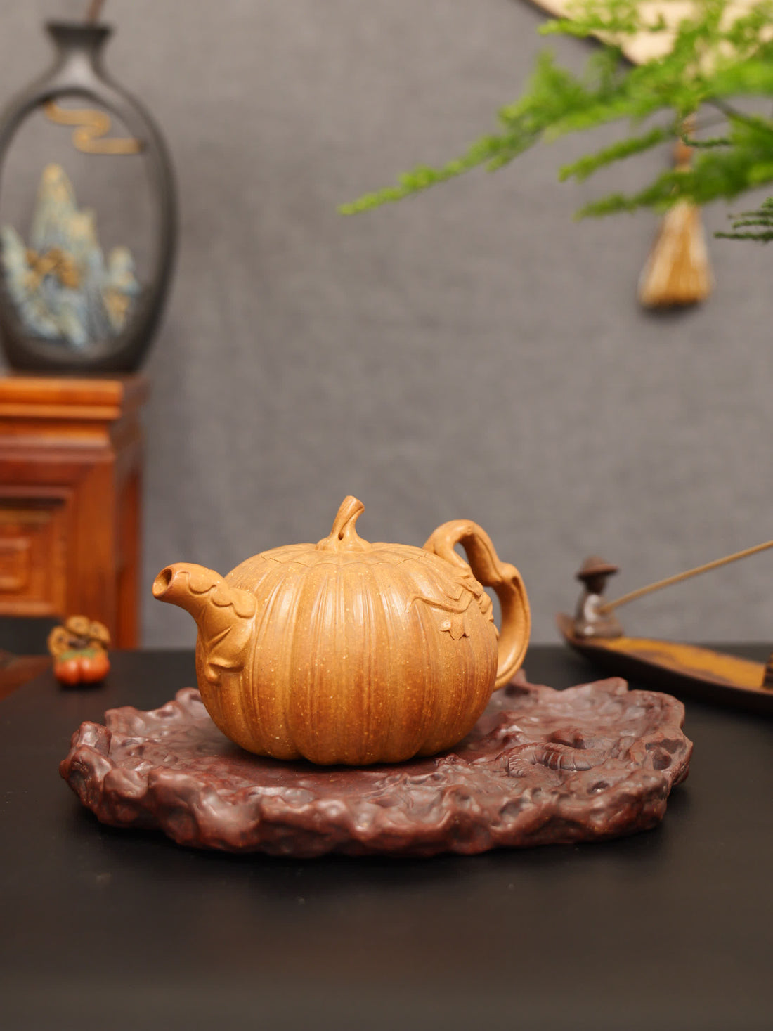 Pumpkin Ribbed Pattern Fully Handmade Flocculent Golden Duan Clay Yixing Teapot