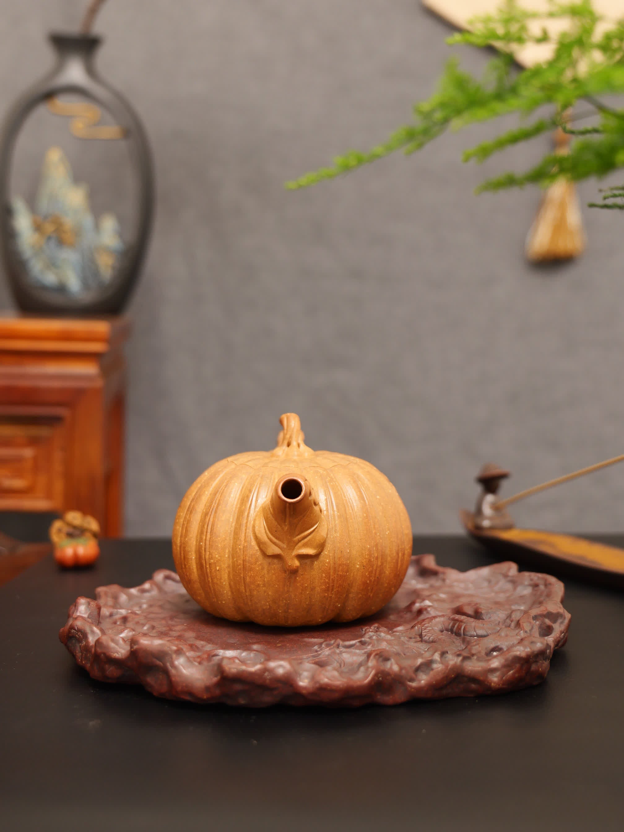 Pumpkin Ribbed Pattern Fully Handmade Flocculent Golden Duan Clay Yixing Teapot