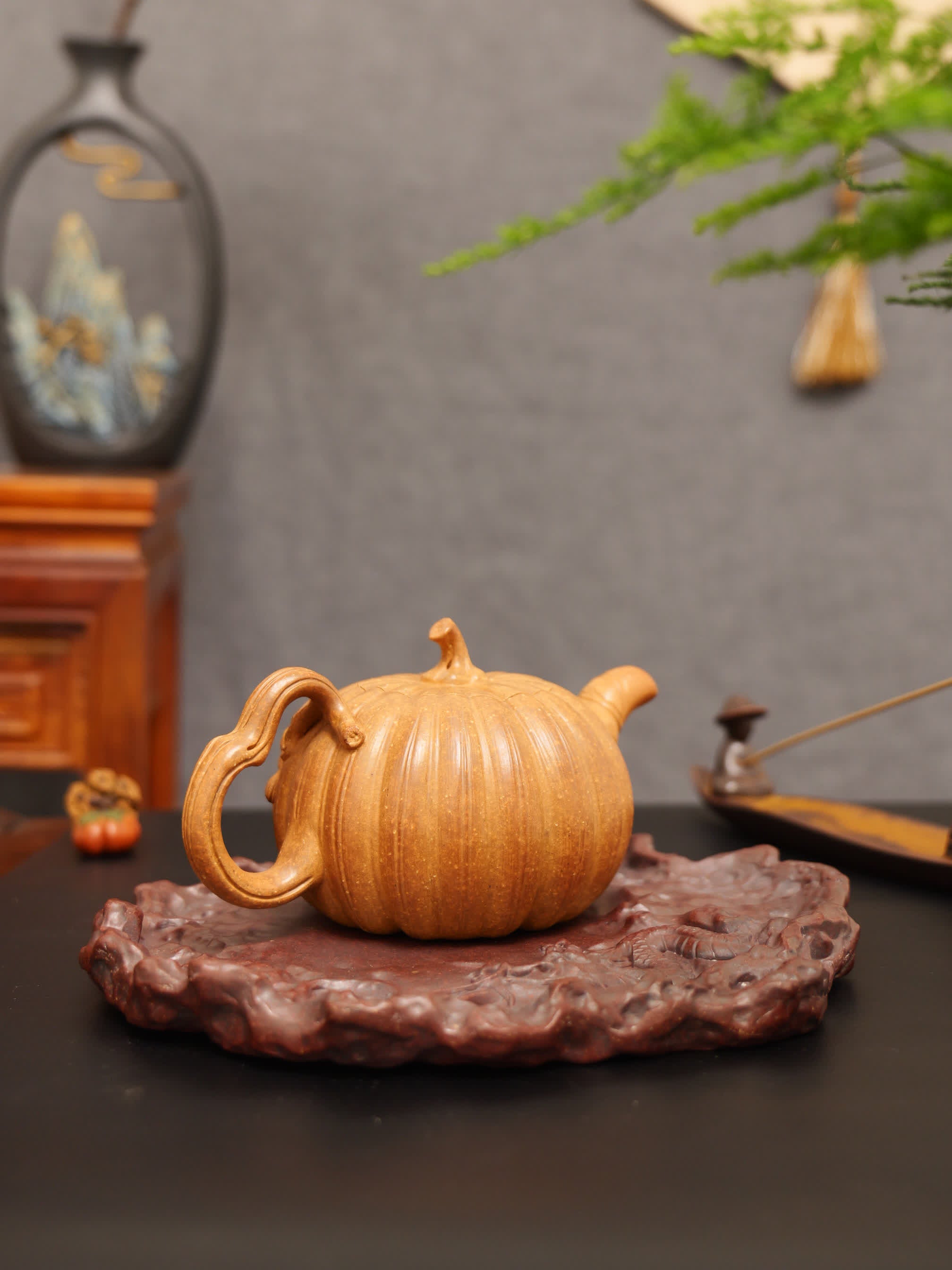 Pumpkin Ribbed Pattern Fully Handmade Flocculent Golden Duan Clay Yixing Teapot