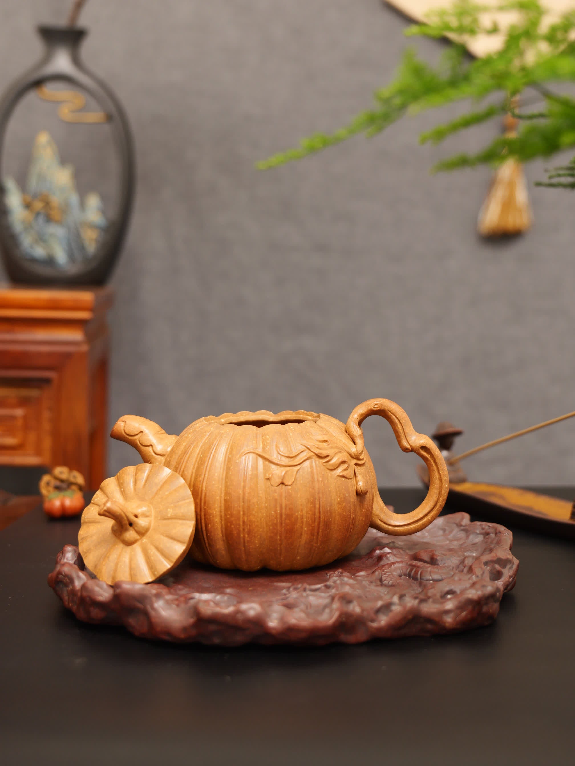 Pumpkin Ribbed Pattern Fully Handmade Flocculent Golden Duan Clay Yixing Teapot