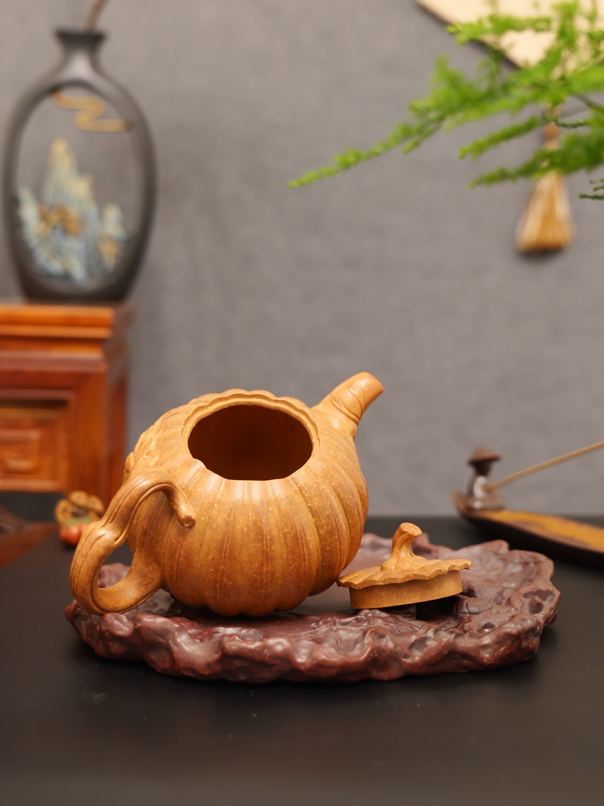 Pumpkin Ribbed Pattern Fully Handmade Flocculent Golden Duan Clay Yixing Teapot