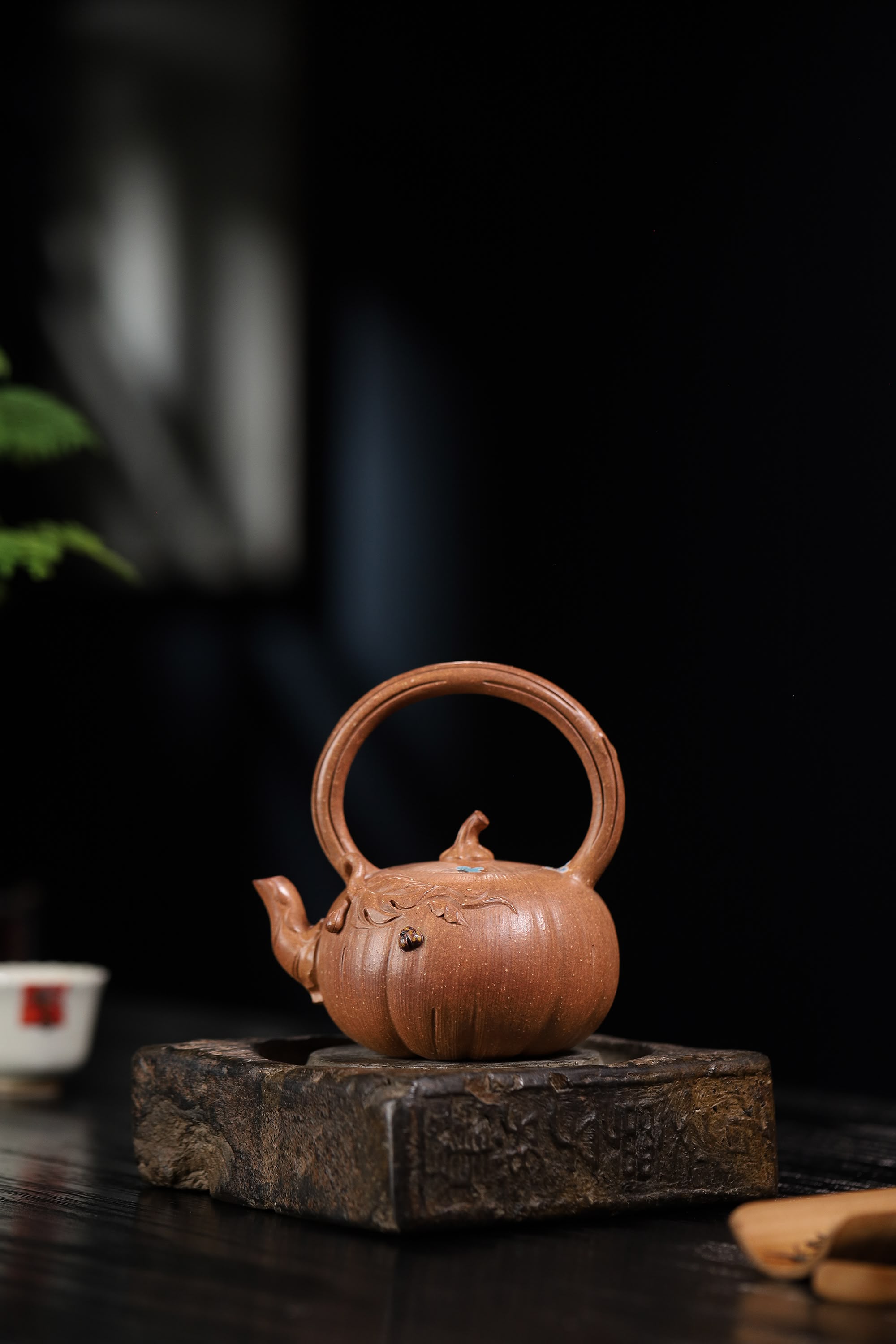 Pumpkin Shape with Overhead Handle Handcrafted Duanni Clay Yixing Teapot