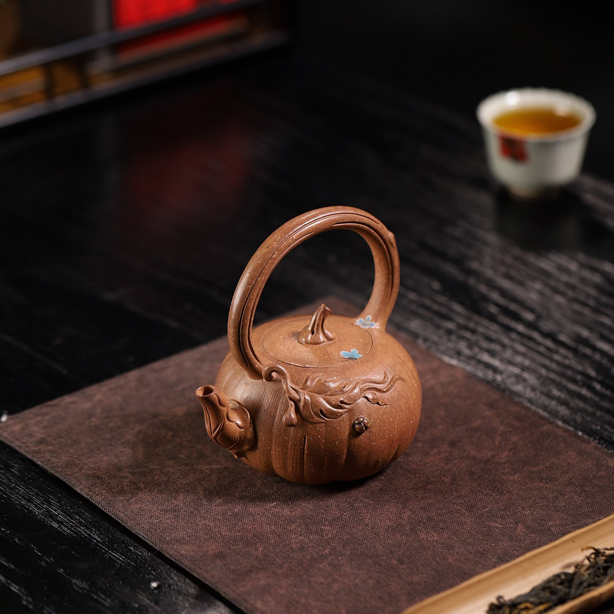 Pumpkin Shape with Overhead Handle Handcrafted Duanni Clay Yixing Teapot