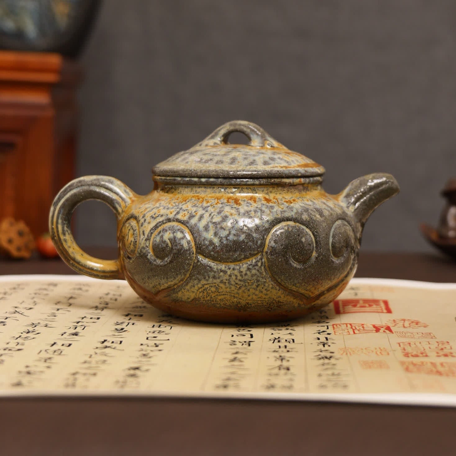 Ruyi Pattern Carving Fully Handmade Purple Clay 'Antique Ruyi' Yixing Teapot