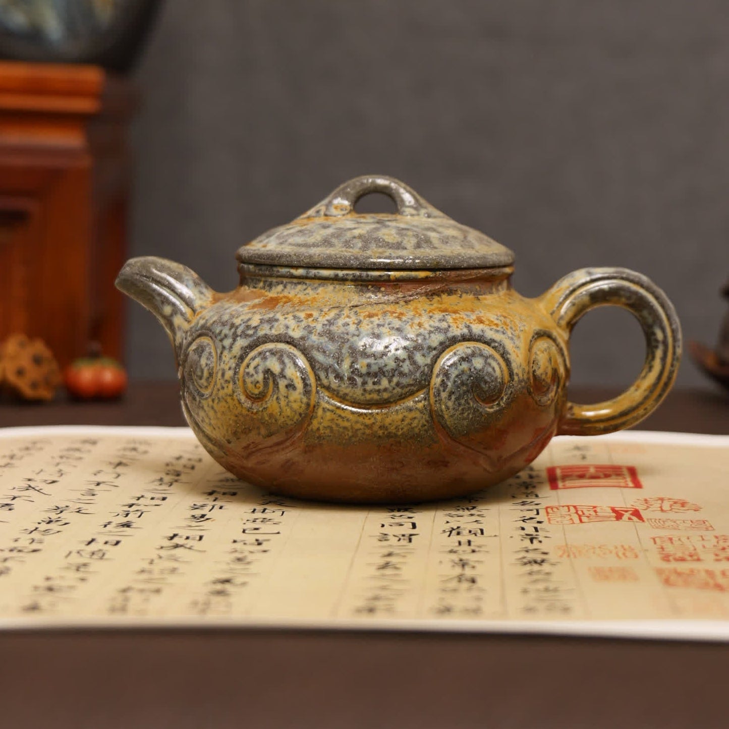Ruyi Pattern Carving Fully Handmade Purple Clay 'Antique Ruyi' Yixing Teapot