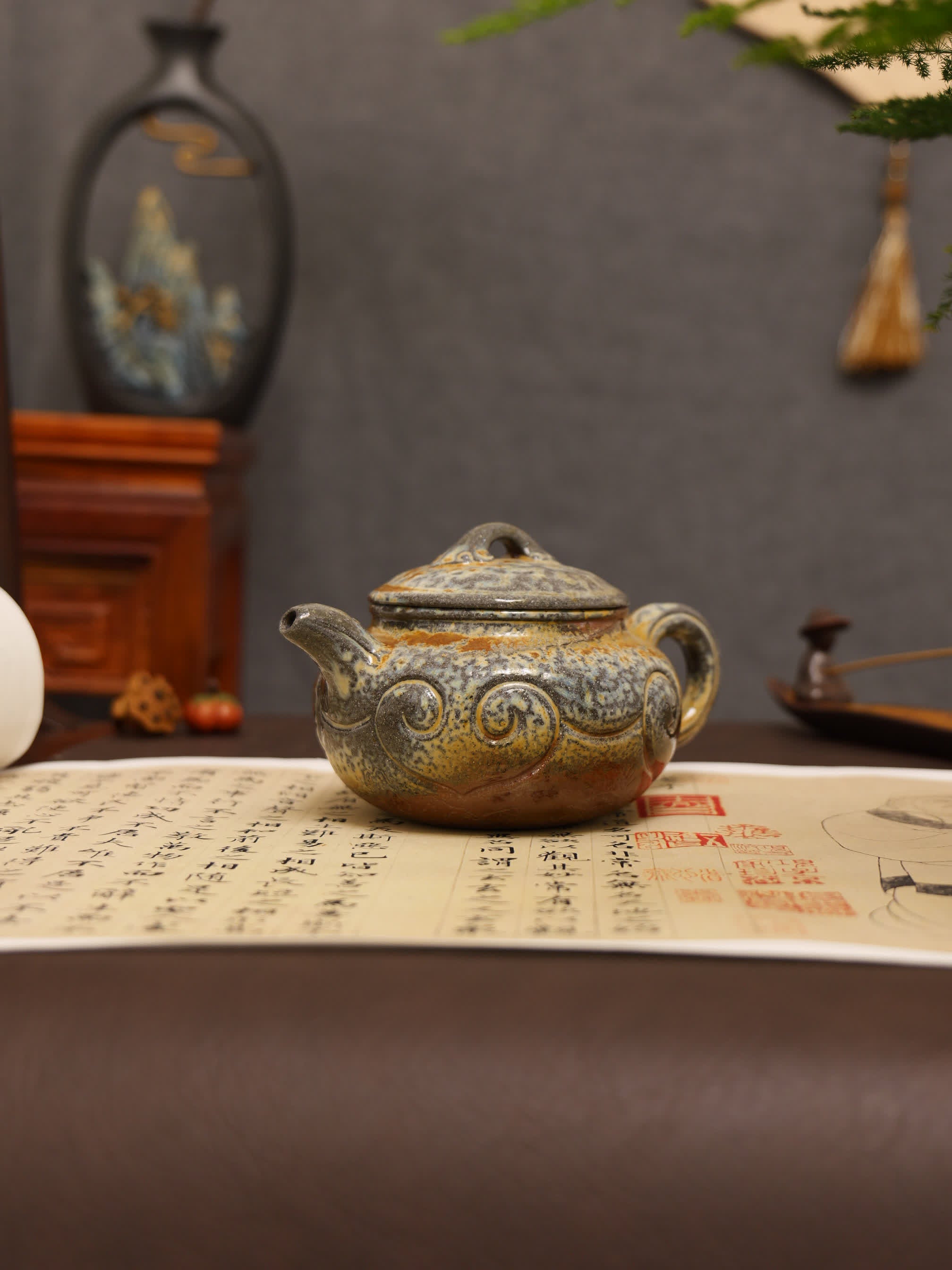 Ruyi Pattern Carving Fully Handmade Purple Clay 'Antique Ruyi' Yixing Teapot