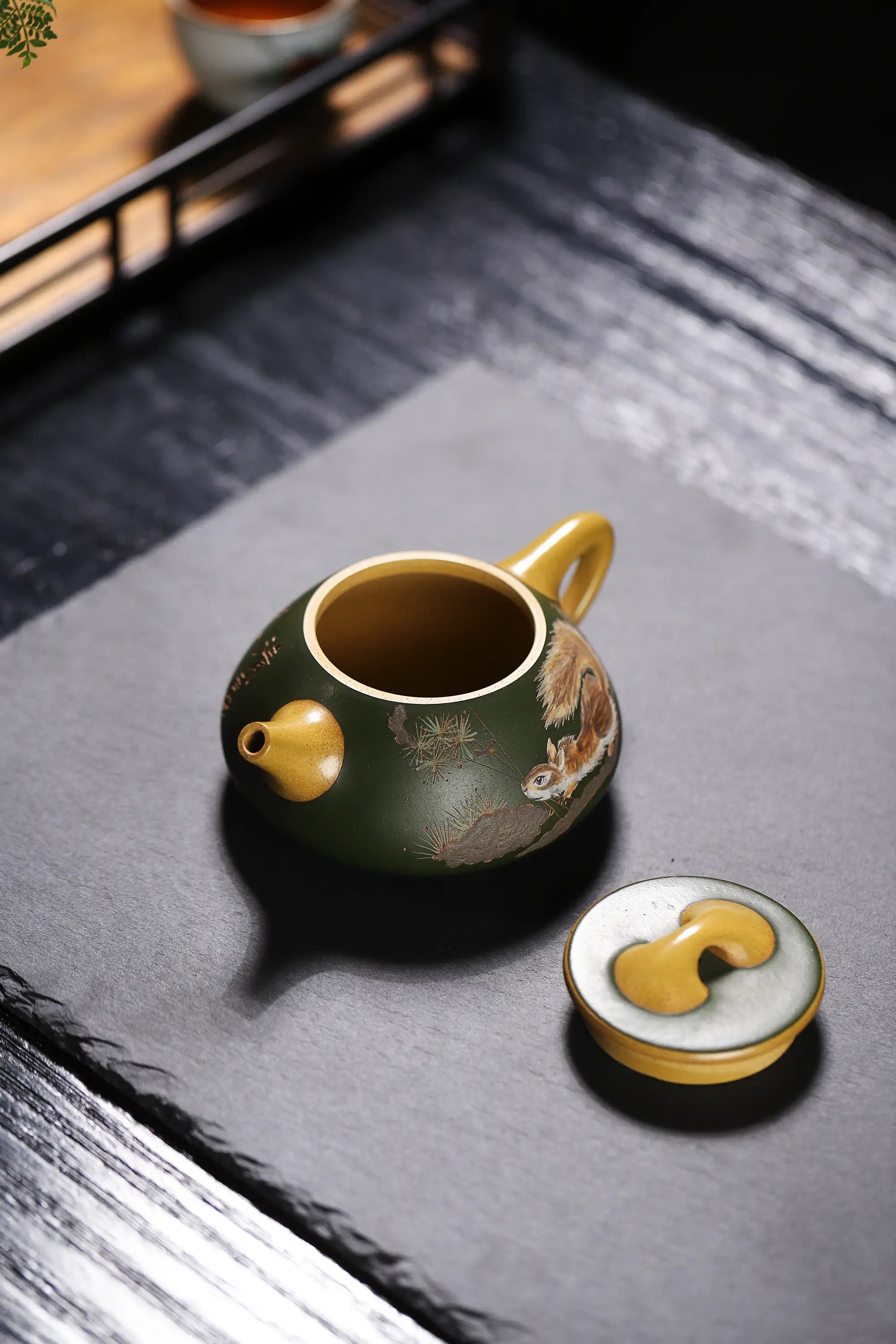 Squirrel Painting & Philosophical Inscription Fully Handmade Duan Clay 'Jingzhou Shi Piao' Yixing Teapot