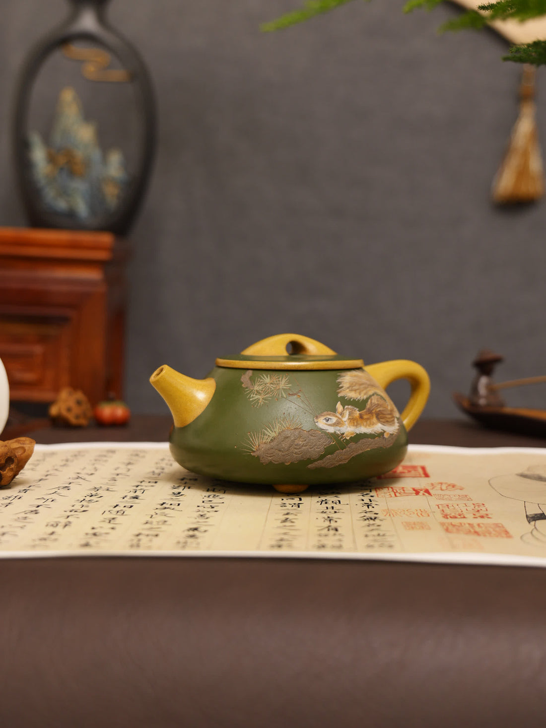 Squirrel Painting & Philosophical Inscription Fully Handmade Duan Clay 'Jingzhou Shi Piao' Yixing Teapot