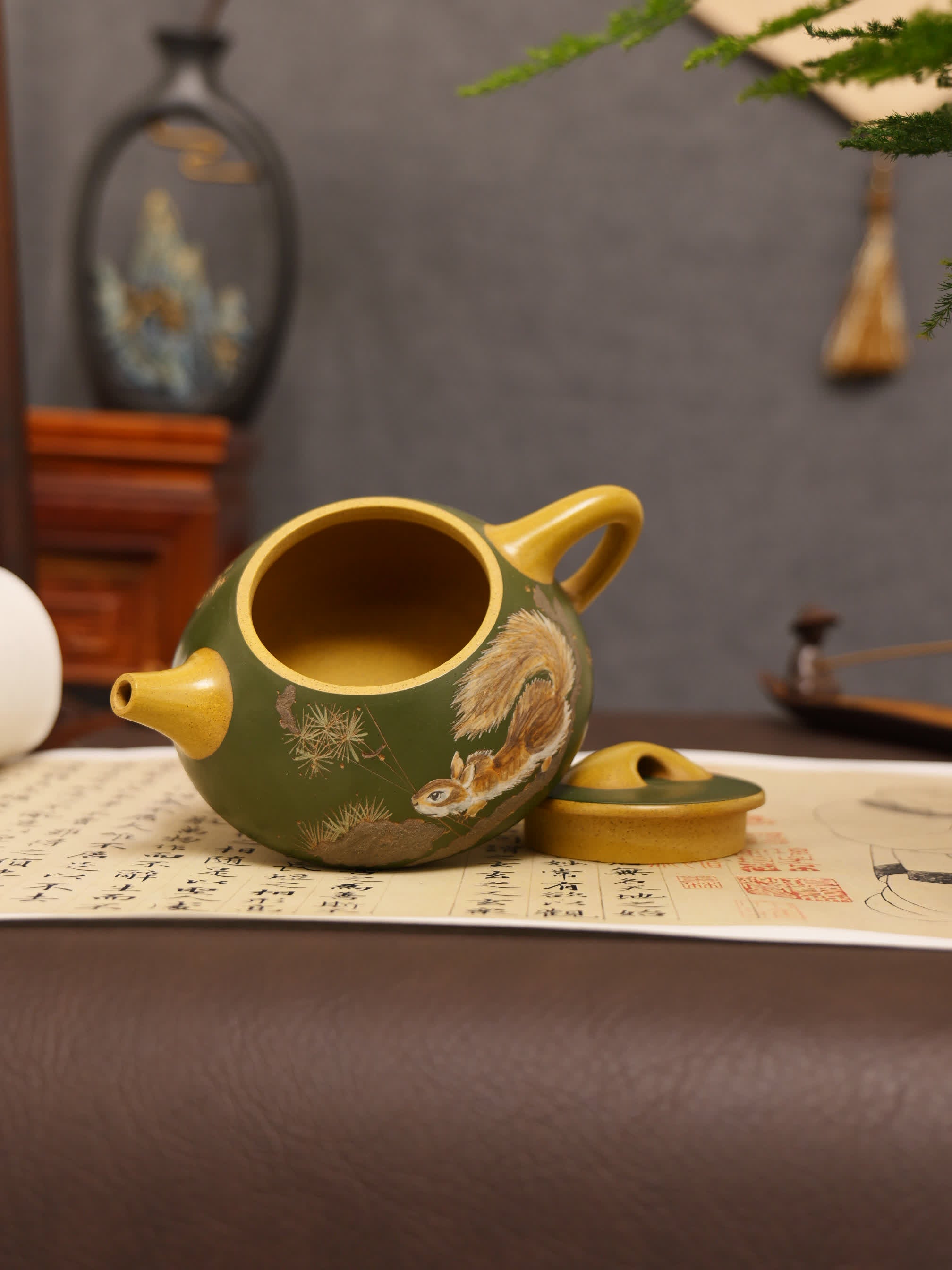 Squirrel Painting & Philosophical Inscription Fully Handmade Duan Clay 'Jingzhou Shi Piao' Yixing Teapot
