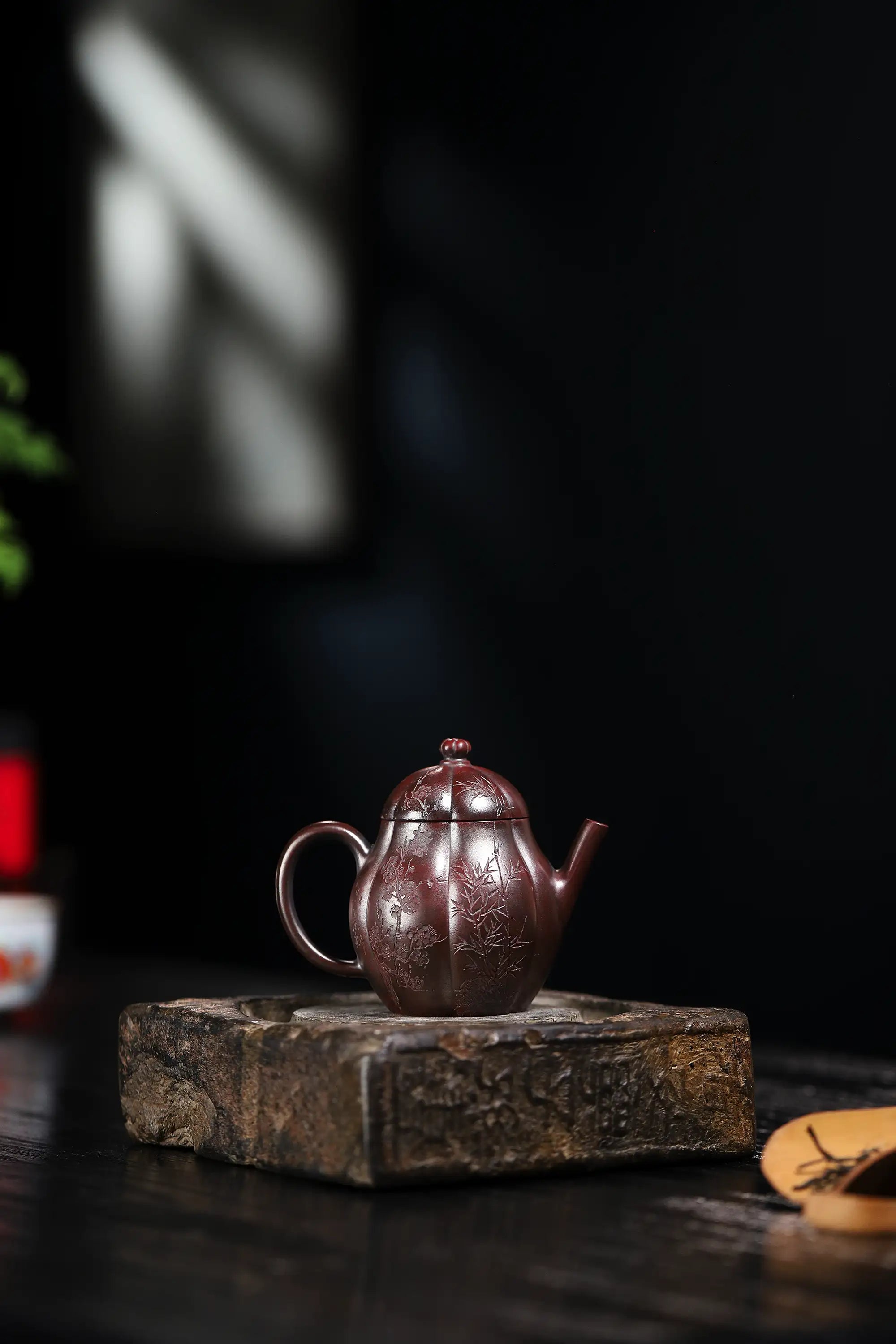 Three Friends of Winter Carving Fully Handmade Zijinsha-Purple Clay 'Gao Ling Hua' Yixing Teapot