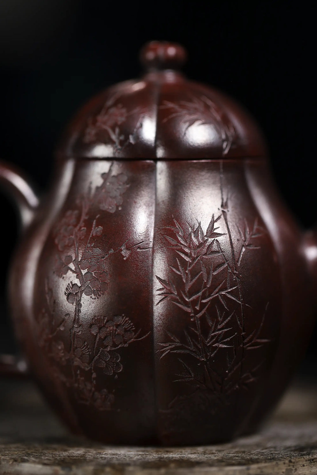 Three Friends of Winter Carving Fully Handmade Zijinsha-Purple Clay 'Gao Ling Hua' Yixing Teapot