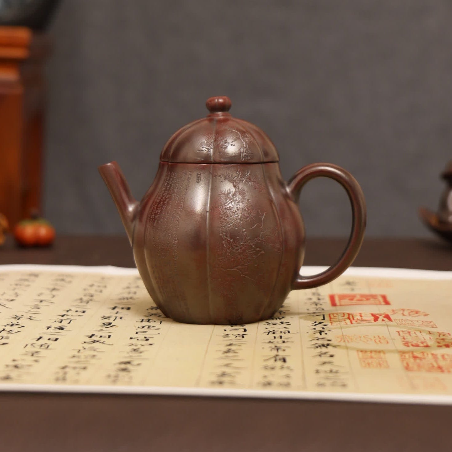 Three Friends of Winter Carving Fully Handmade Zijinsha-Purple Clay 'Gao Ling Hua' Yixing Teapot