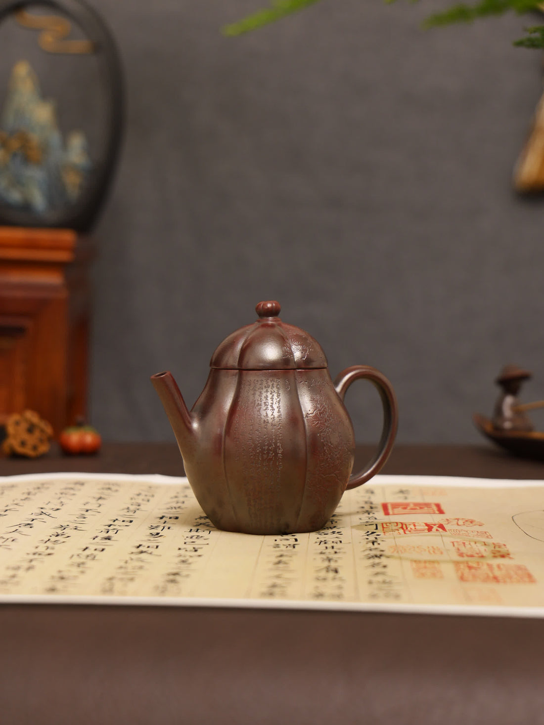 Three Friends of Winter Carving Fully Handmade Zijinsha-Purple Clay 'Gao Ling Hua' Yixing Teapot