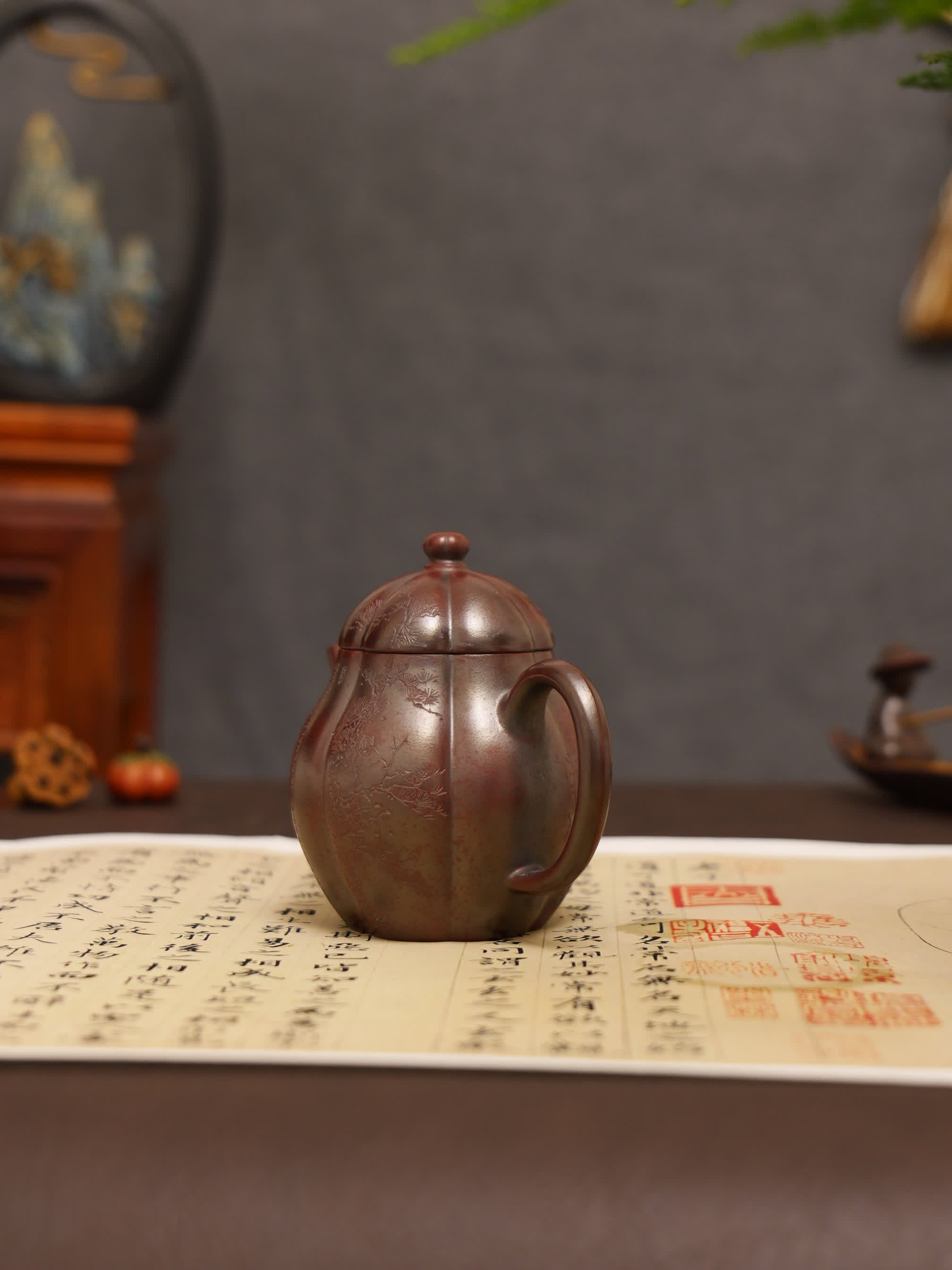 Three Friends of Winter Carving Fully Handmade Zijinsha-Purple Clay 'Gao Ling Hua' Yixing Teapot