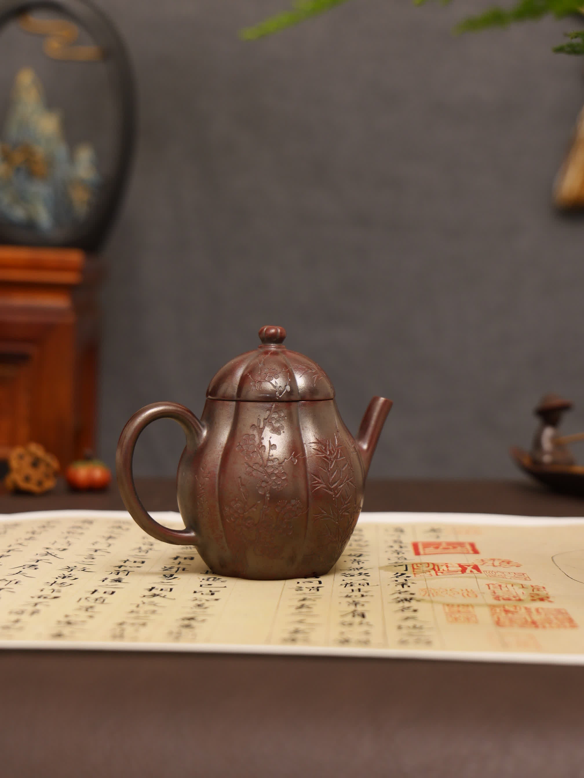 Three Friends of Winter Carving Fully Handmade Zijinsha-Purple Clay 'Gao Ling Hua' Yixing Teapot