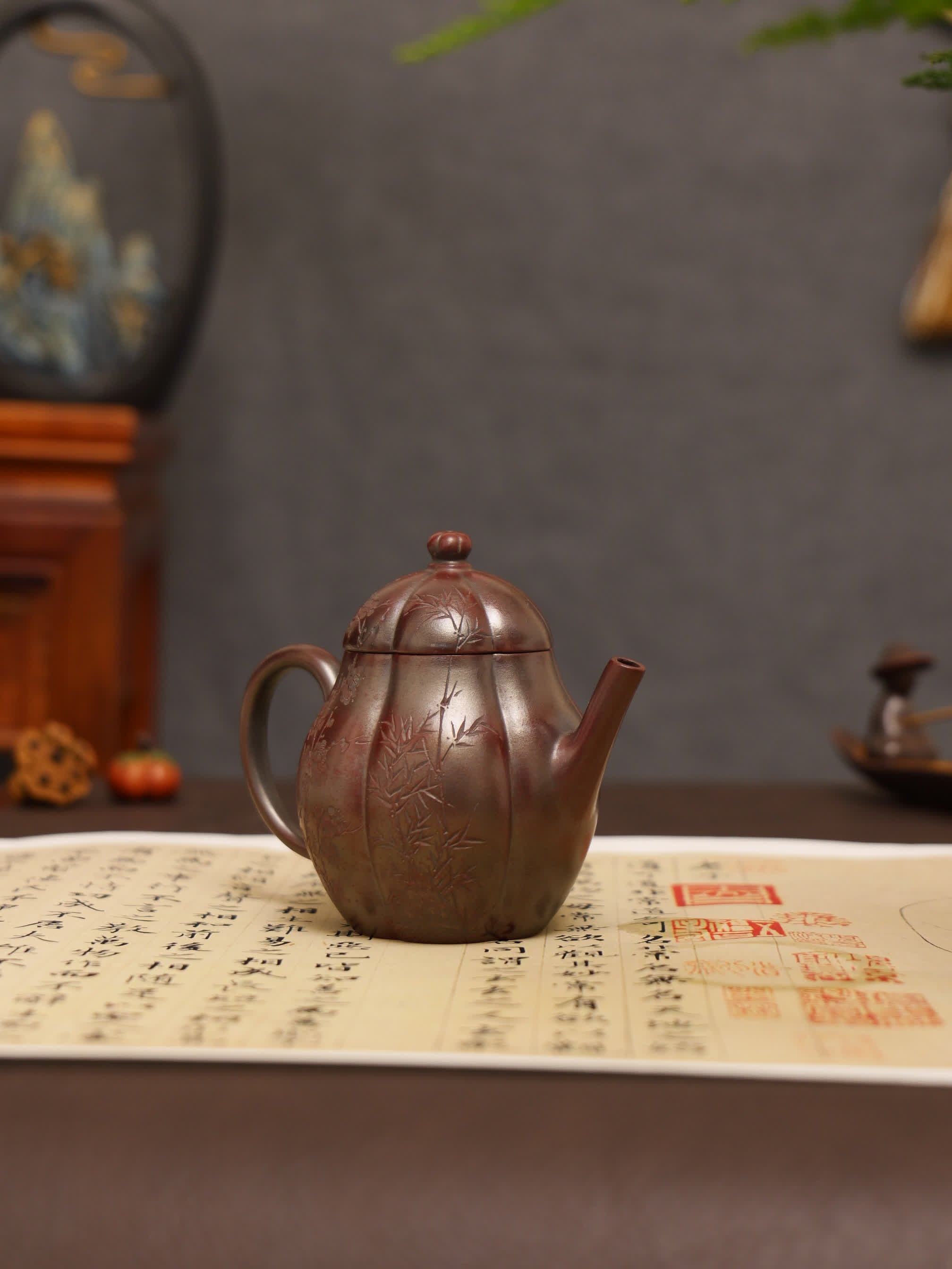 Three Friends of Winter Carving Fully Handmade Zijinsha-Purple Clay 'Gao Ling Hua' Yixing Teapot