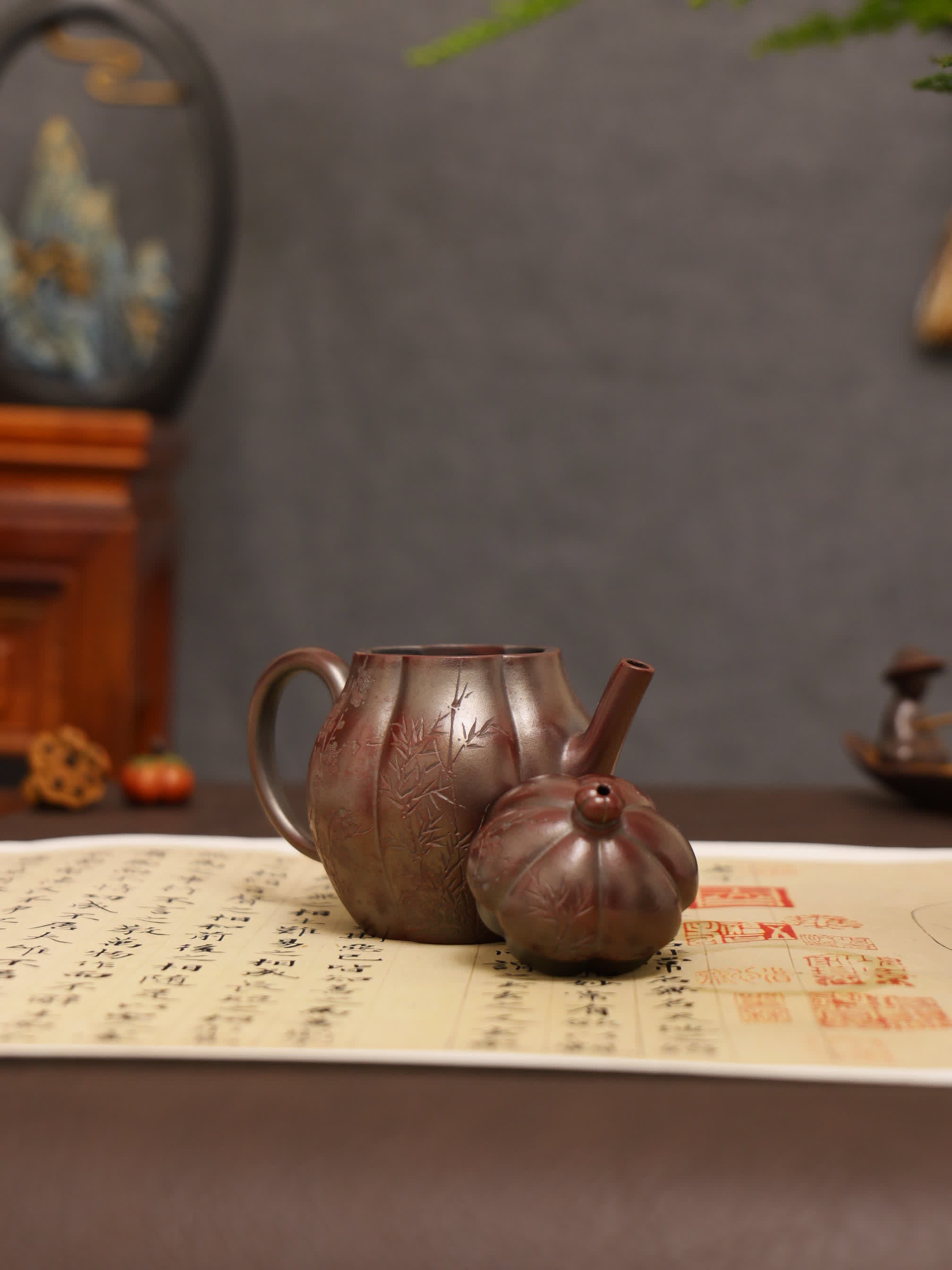 Three Friends of Winter Carving Fully Handmade Zijinsha-Purple Clay 'Gao Ling Hua' Yixing Teapot