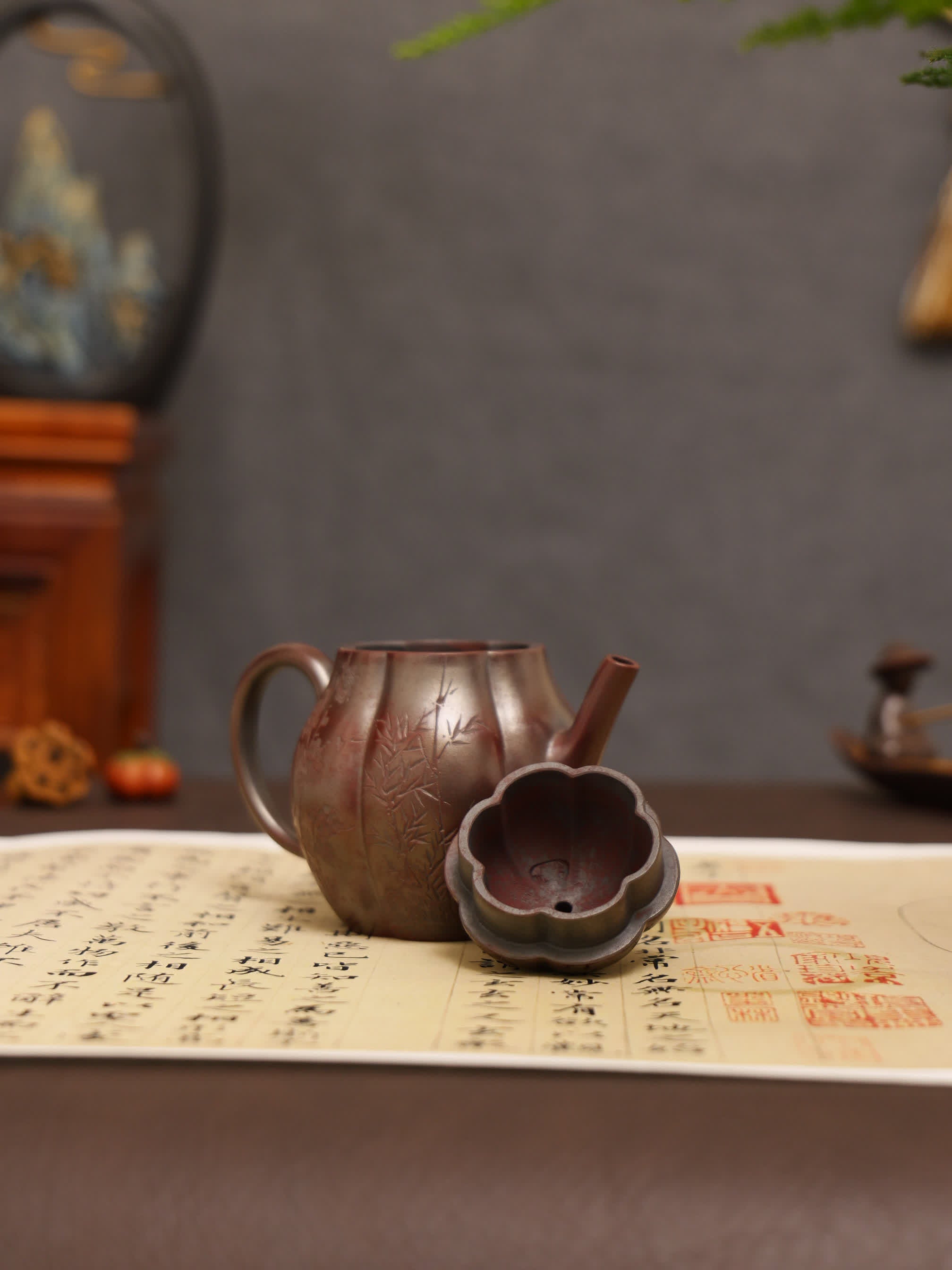 Three Friends of Winter Carving Fully Handmade Zijinsha-Purple Clay 'Gao Ling Hua' Yixing Teapot