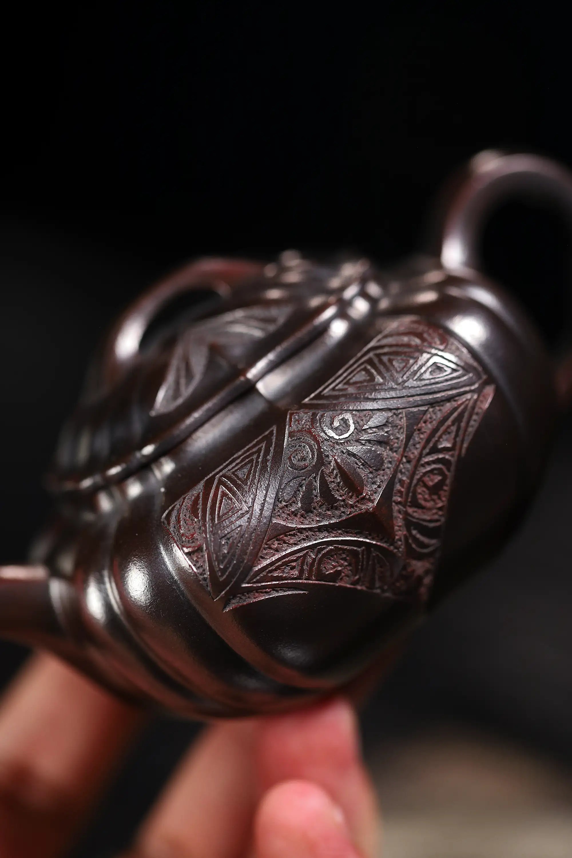 Totem Carving Fully Handmade Zijinsha-Purple Clay 'Ribbed Square' Yixing Teapot