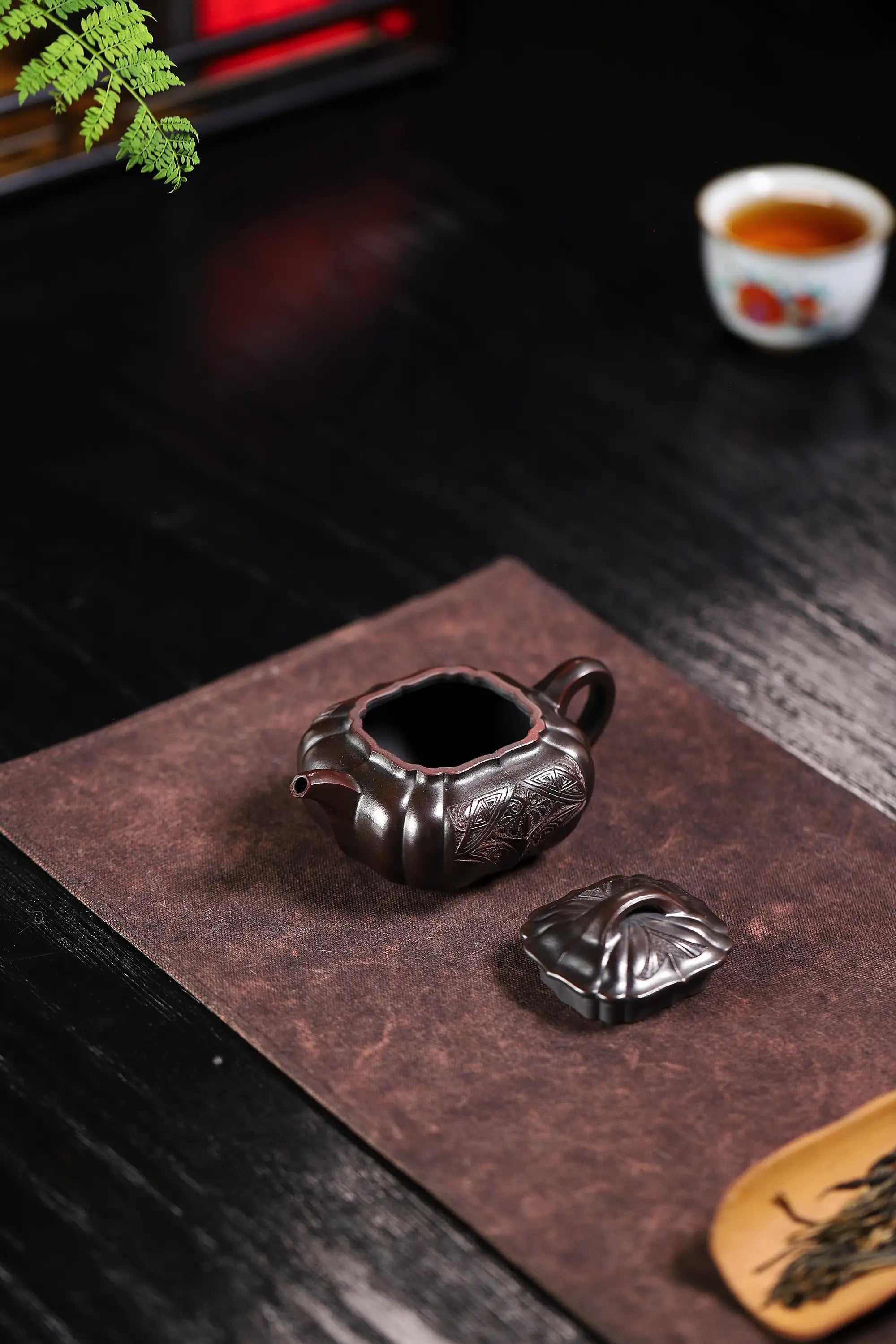 Totem Carving Fully Handmade Zijinsha-Purple Clay 'Ribbed Square' Yixing Teapot