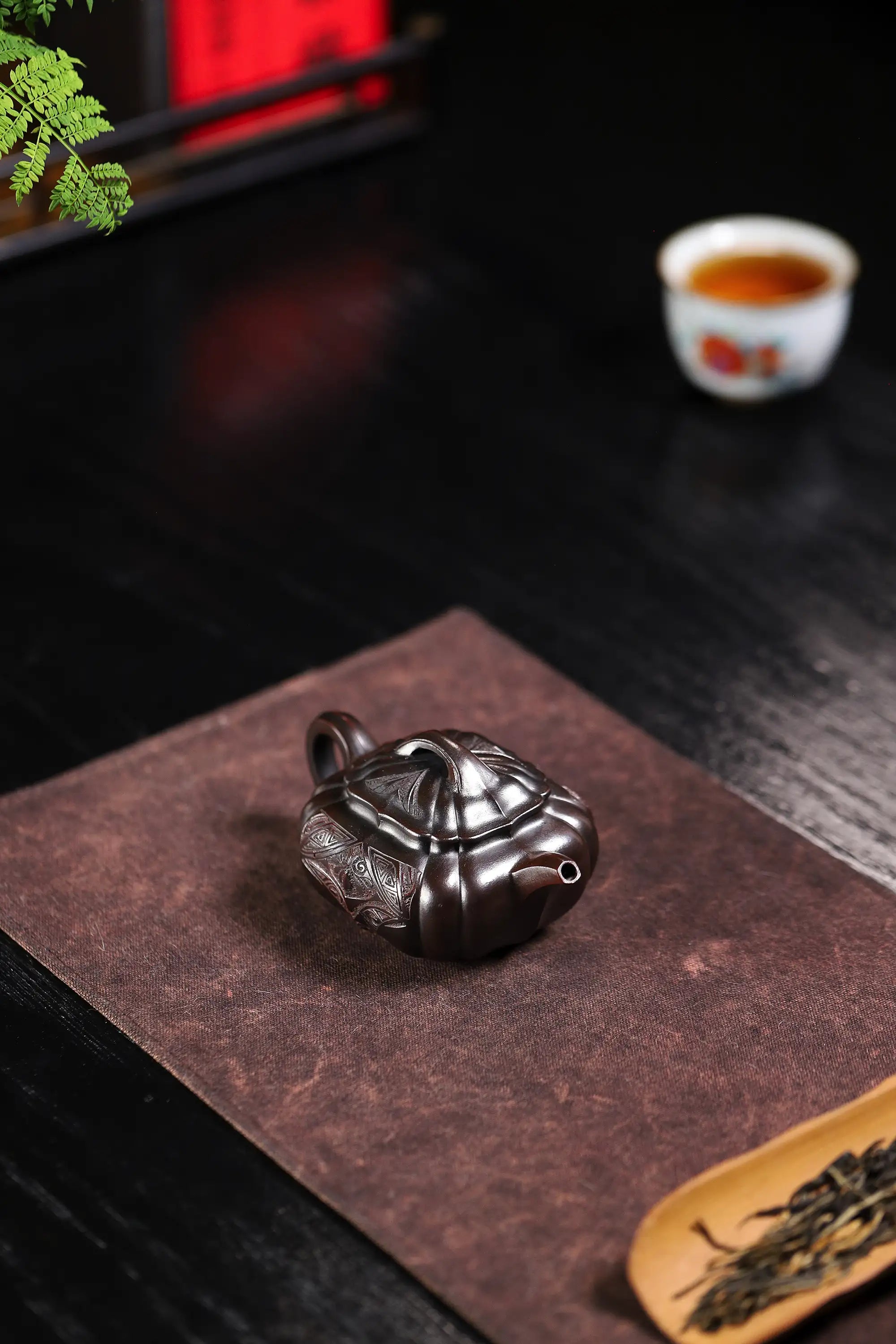Totem Carving Fully Handmade Zijinsha-Purple Clay 'Ribbed Square' Yixing Teapot