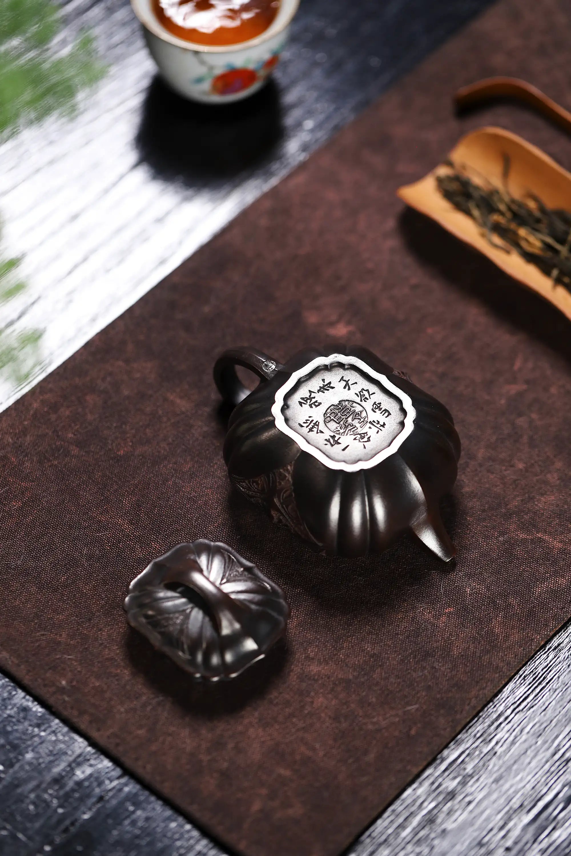 Totem Carving Fully Handmade Zijinsha-Purple Clay 'Ribbed Square' Yixing Teapot