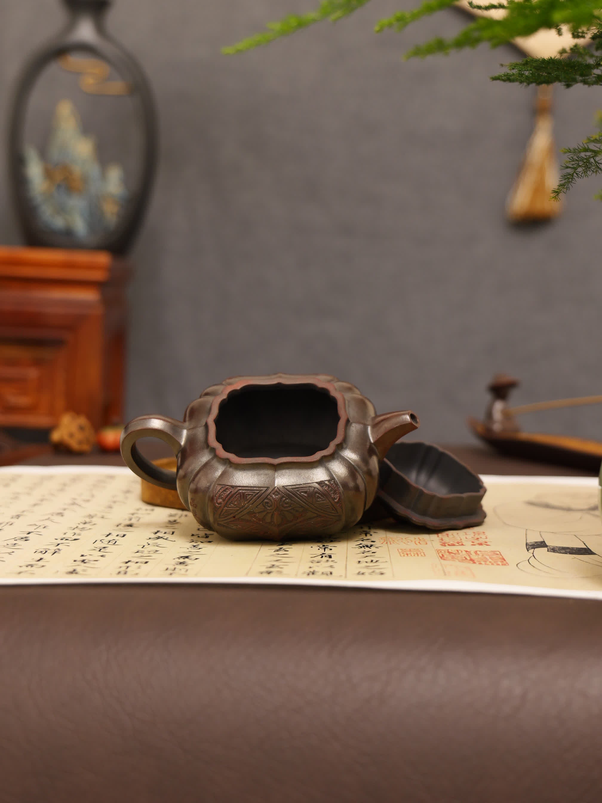 Totem Carving Fully Handmade Zijinsha-Purple Clay 'Ribbed Square' Yixing Teapot