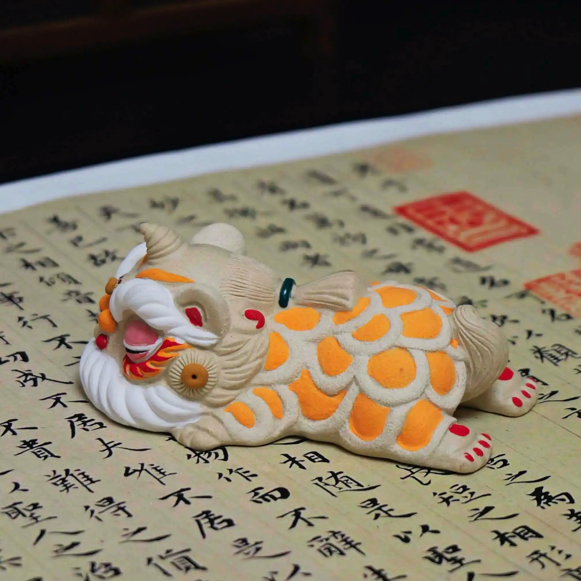 Yixing White Clay Handmade Sleeping Guardian Lion Tea Pet