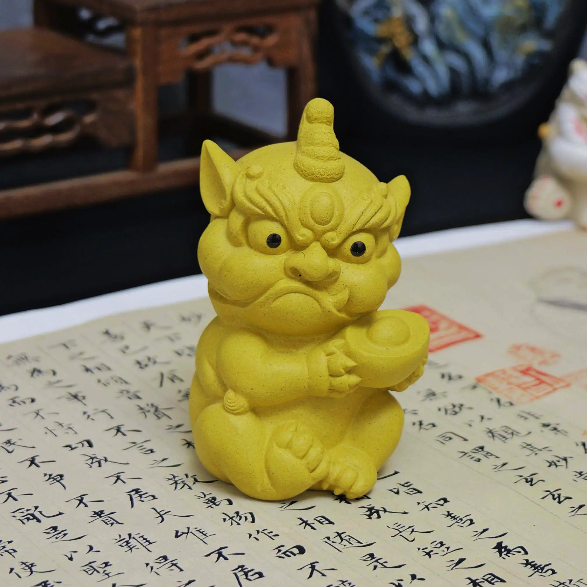 Yixing Yellow Clay Handmade Ingot Lion Tea Pet