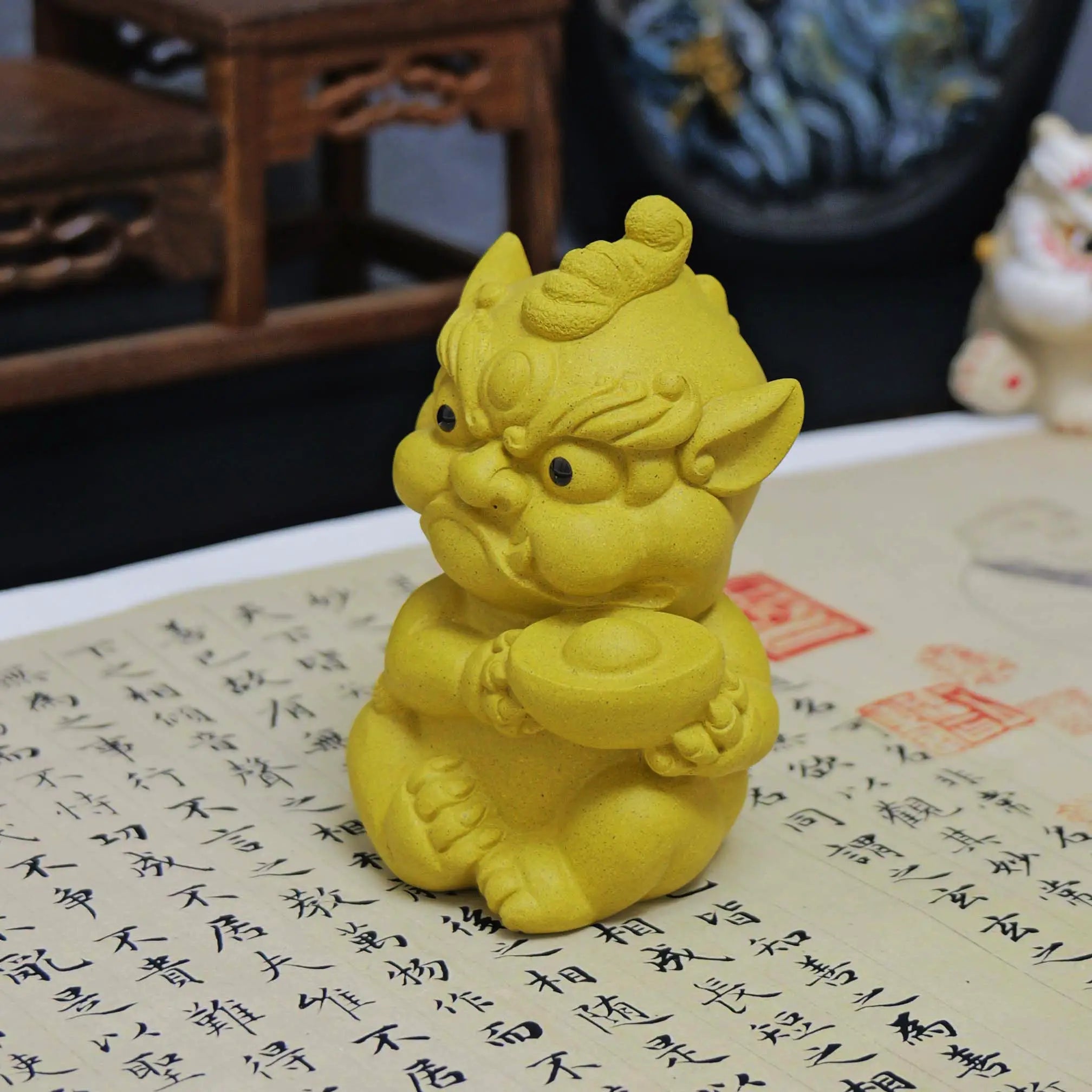 Yixing Yellow Clay Handmade Ingot Lion Tea Pet