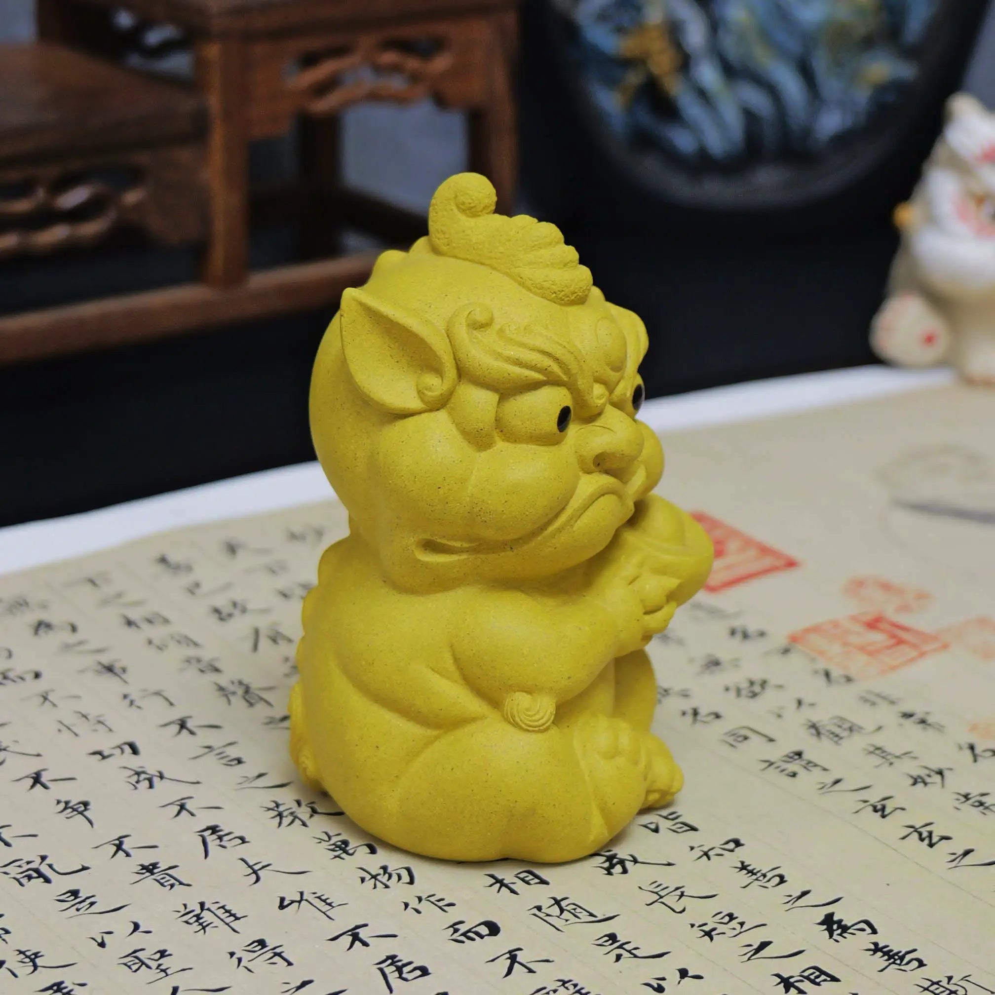 Yixing Yellow Clay Handmade Ingot Lion Tea Pet