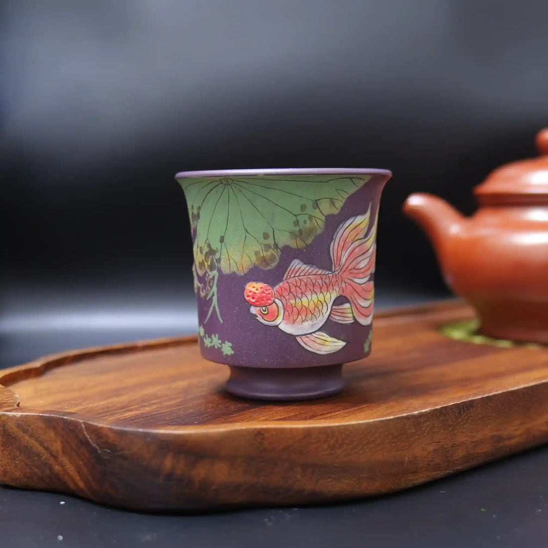 Yixing Zisha Hand-Painted Lotus & Goldfish Master Teacup