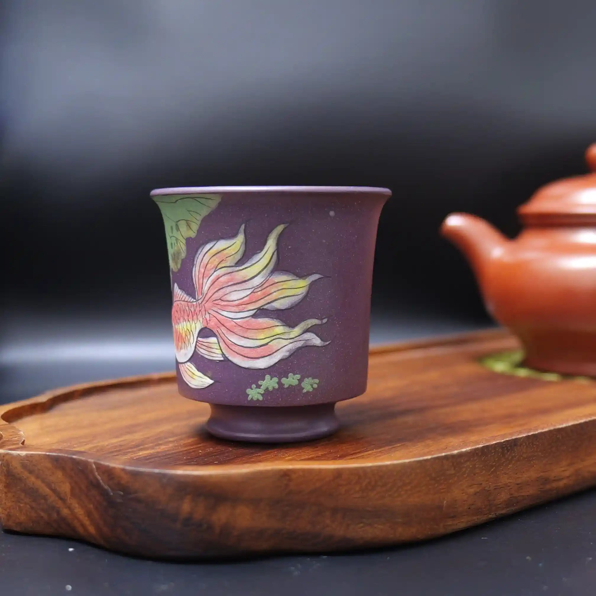 Yixing Zisha Hand-Painted Lotus & Goldfish Master Teacup