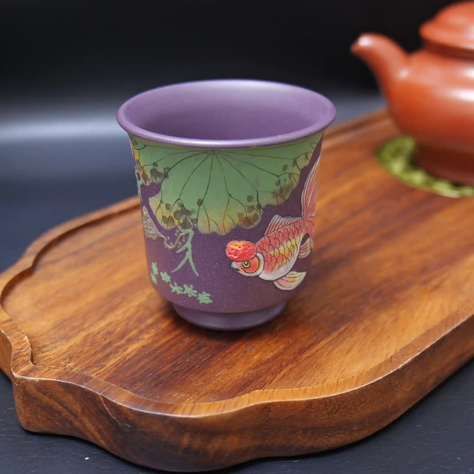 Yixing Zisha Hand-Painted Lotus & Goldfish Master Teacup