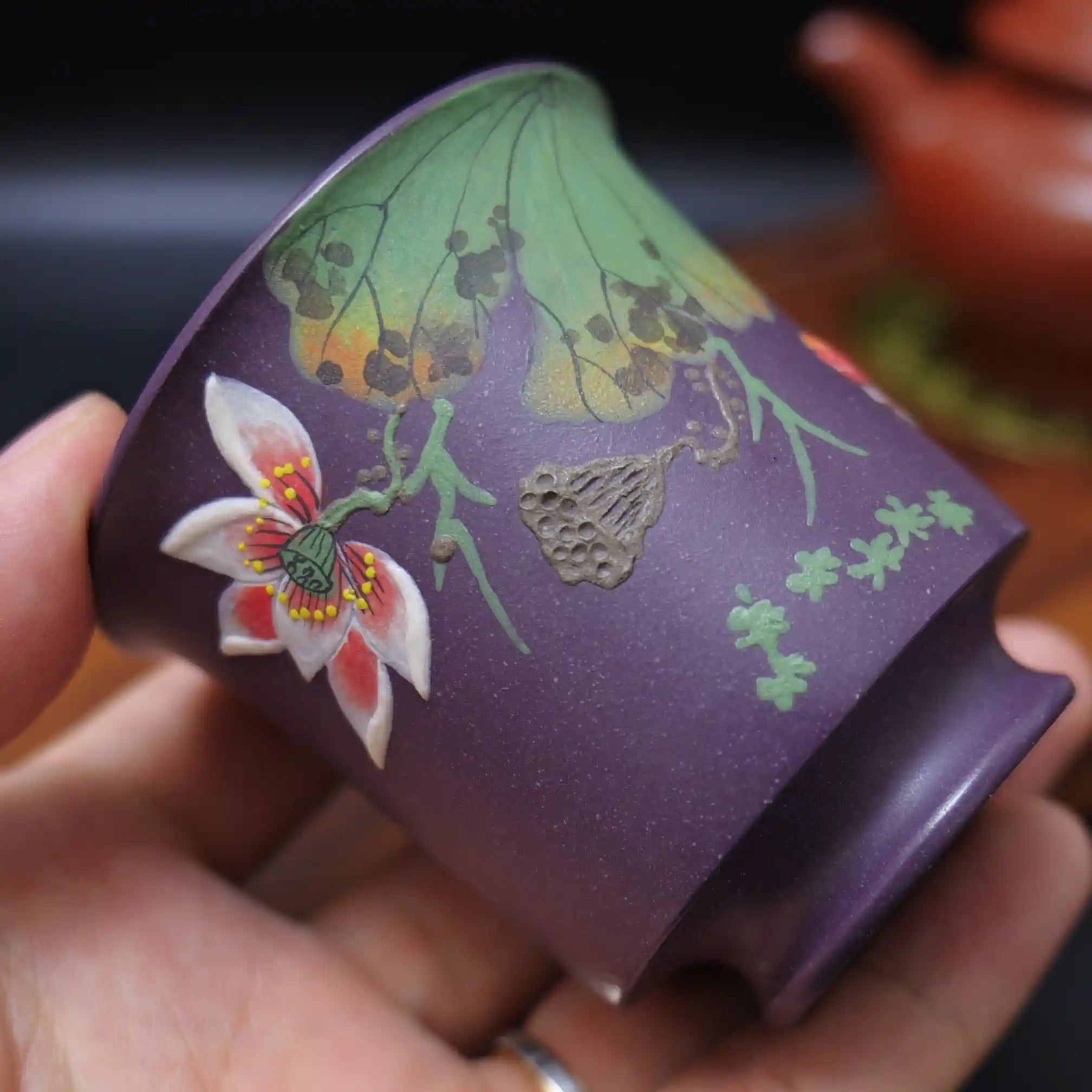 Yixing Zisha Hand-Painted Lotus & Goldfish Master Teacup