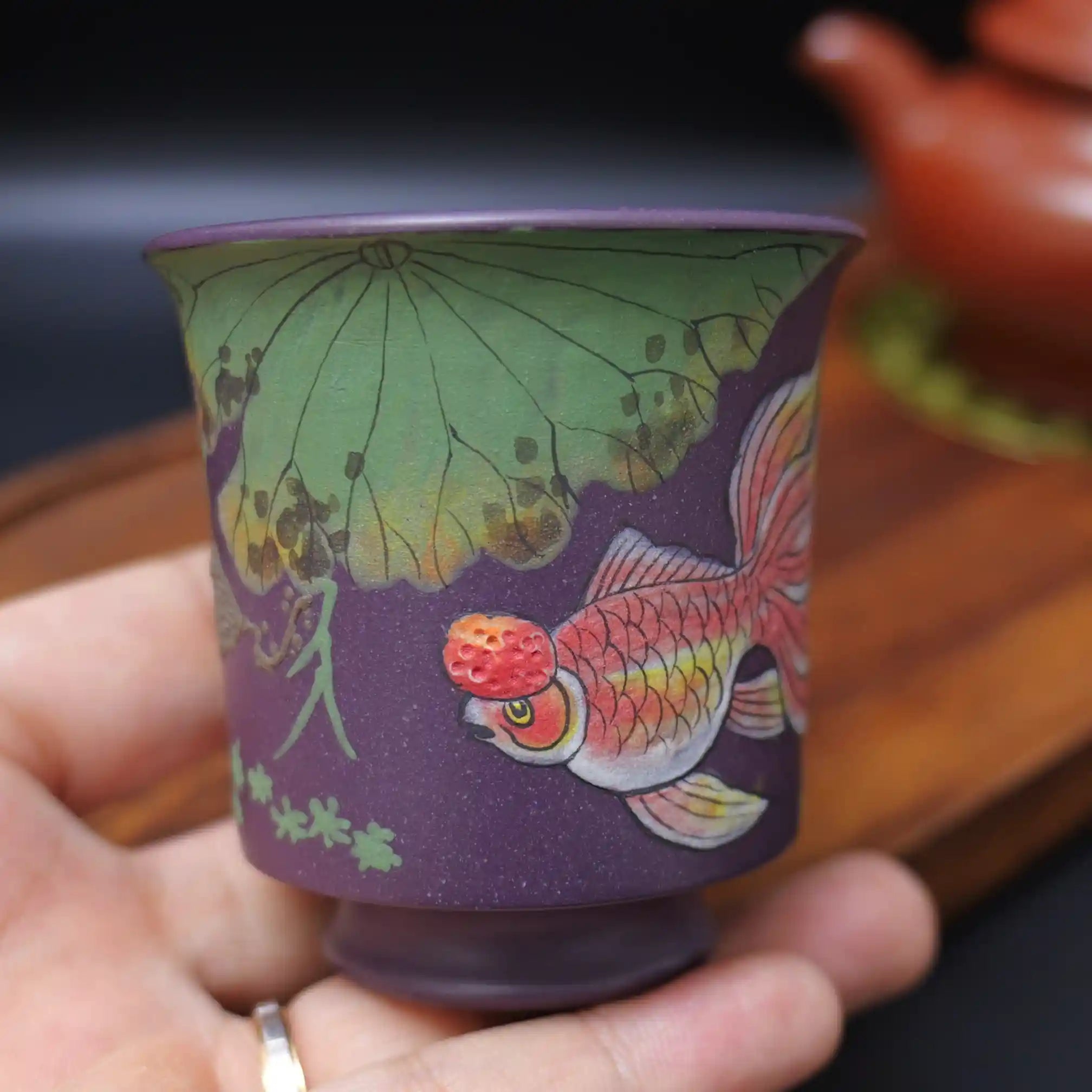 Yixing Zisha Hand-Painted Lotus & Goldfish Master Teacup