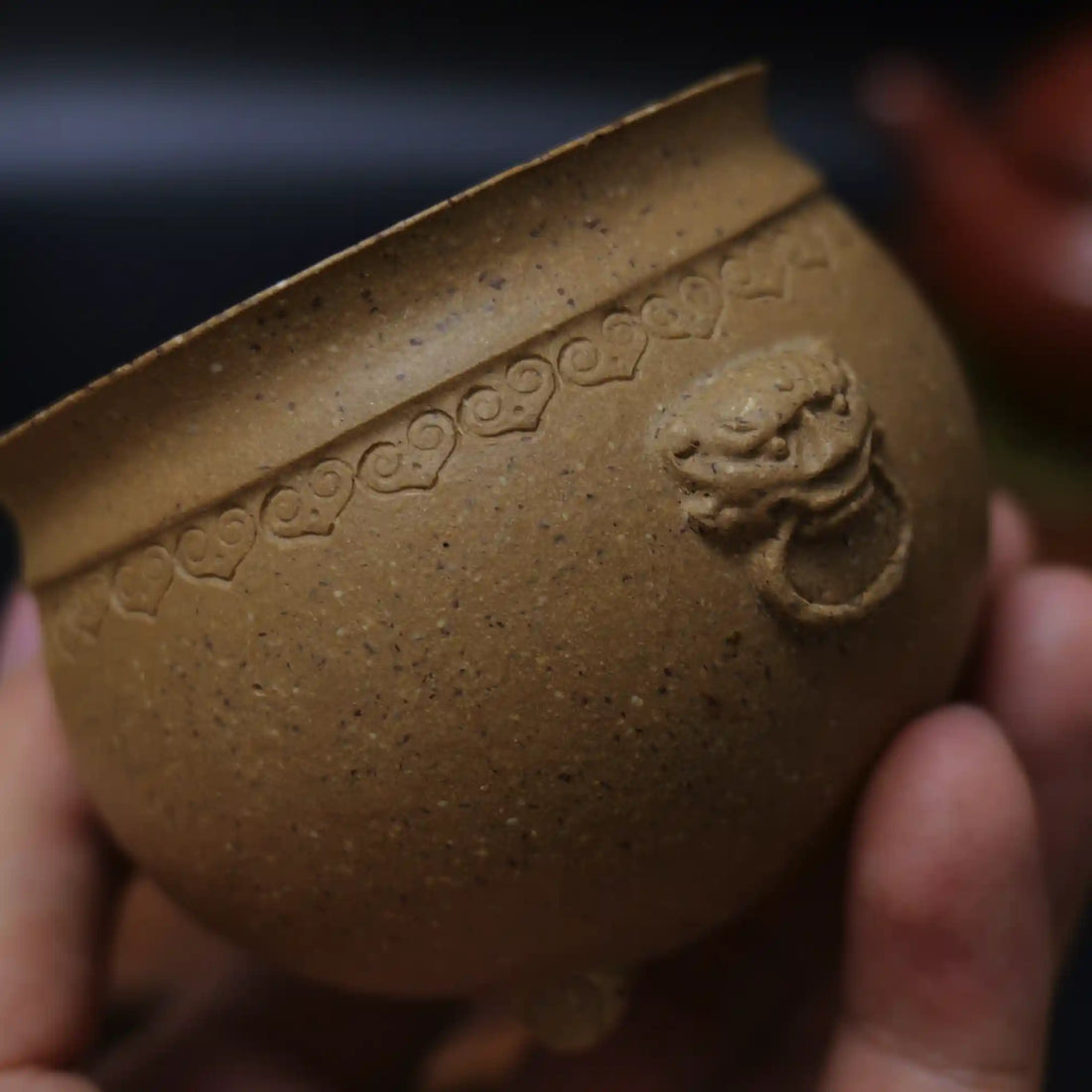 Yixing Zisha Handmade Creamy Yellow Three-Legged Lion-Ear Incense Burner Teacup