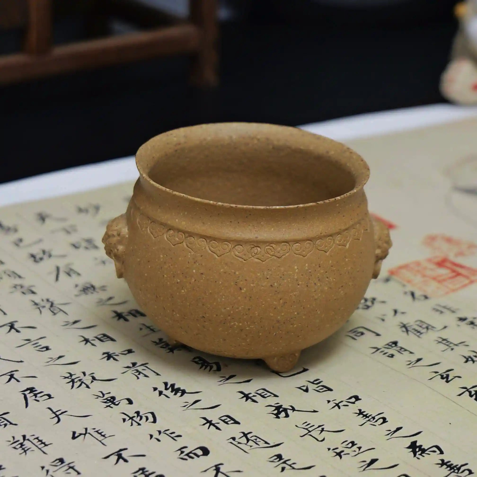 Yixing Zisha Handmade Creamy Yellow Three-Legged Lion-Ear Incense Burner Teacup