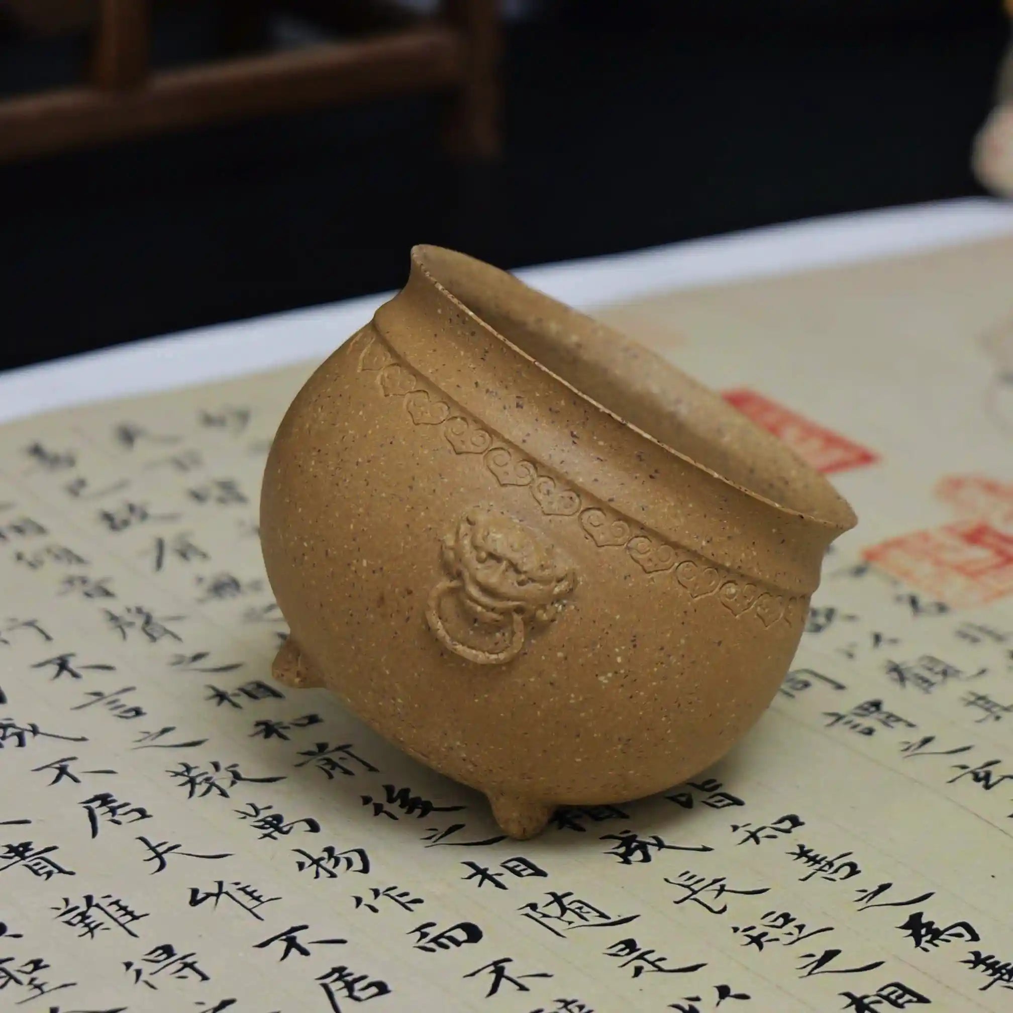 Yixing Zisha Handmade Creamy Yellow Three-Legged Lion-Ear Incense Burner Teacup