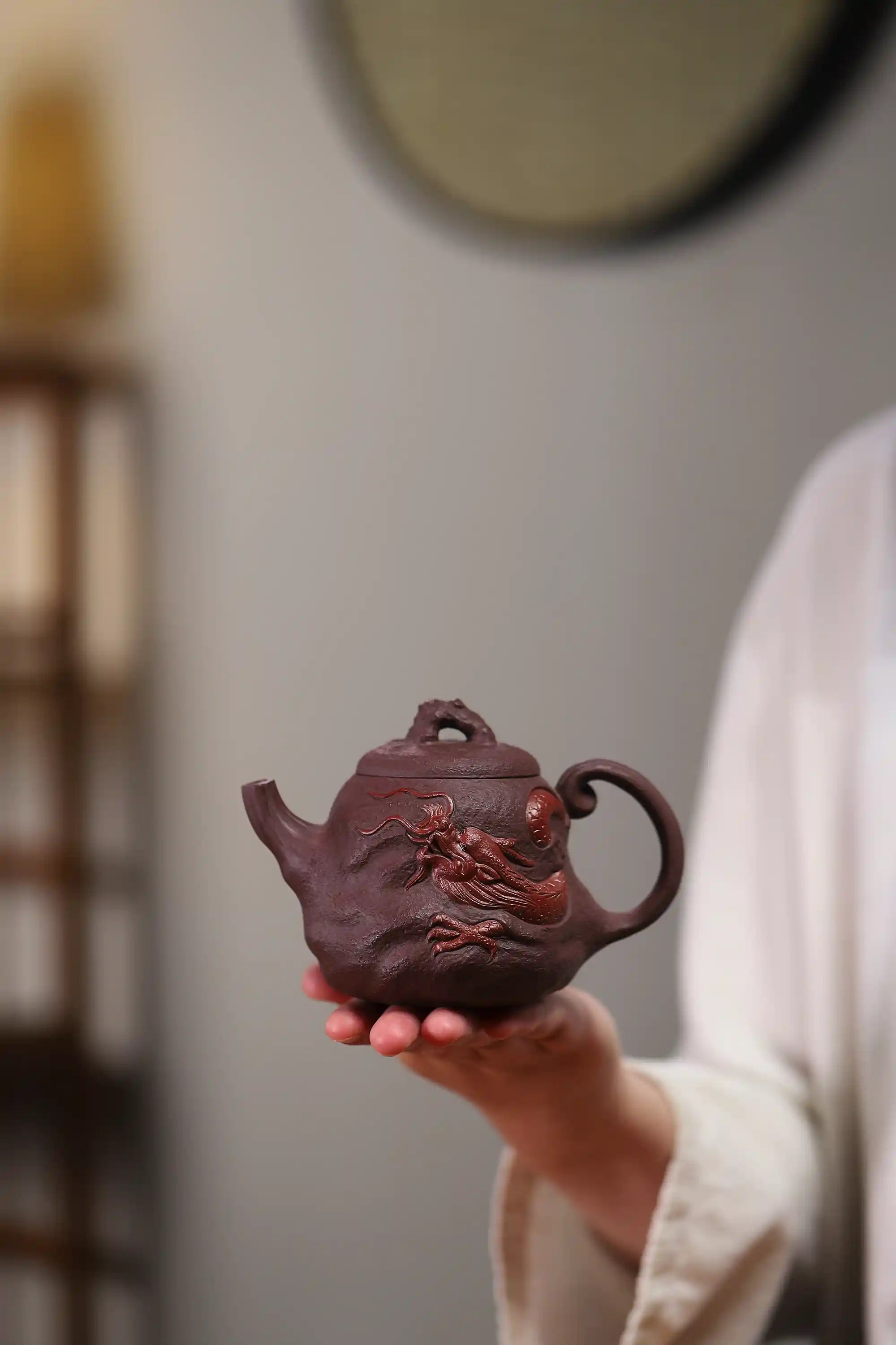 Yixing Zisha Handmade Red Dragon Relief Teapot