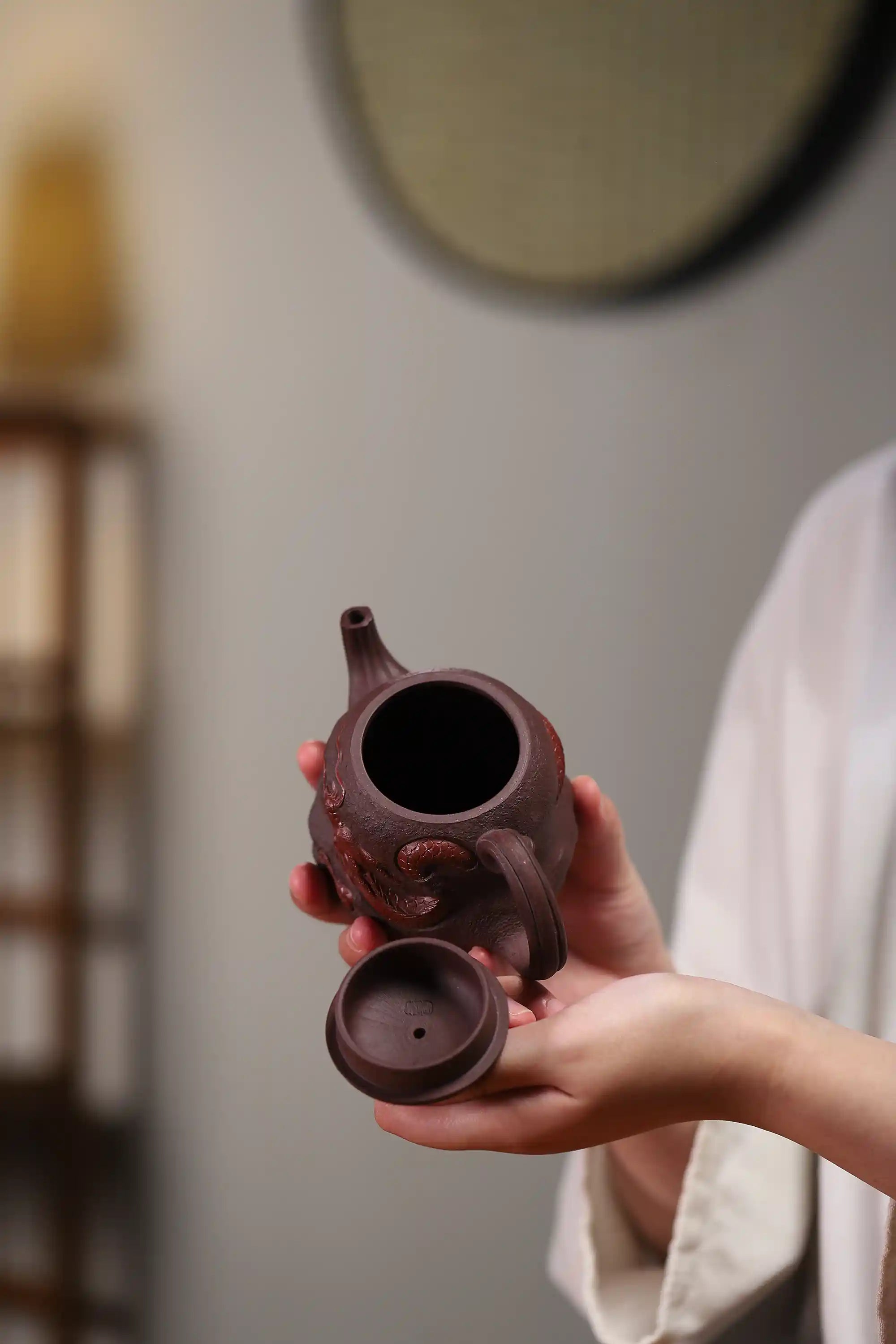 Yixing Zisha Handmade Red Dragon Relief Teapot
