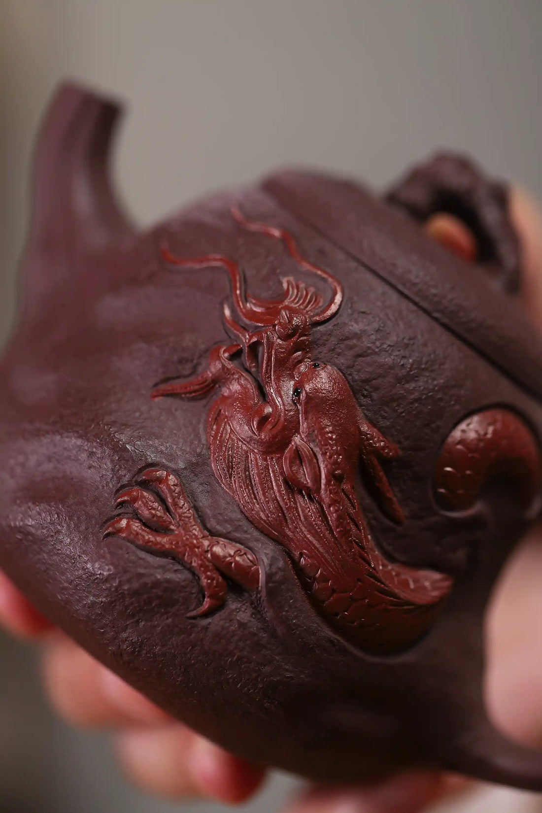 Yixing Zisha Handmade Red Dragon Relief Teapot