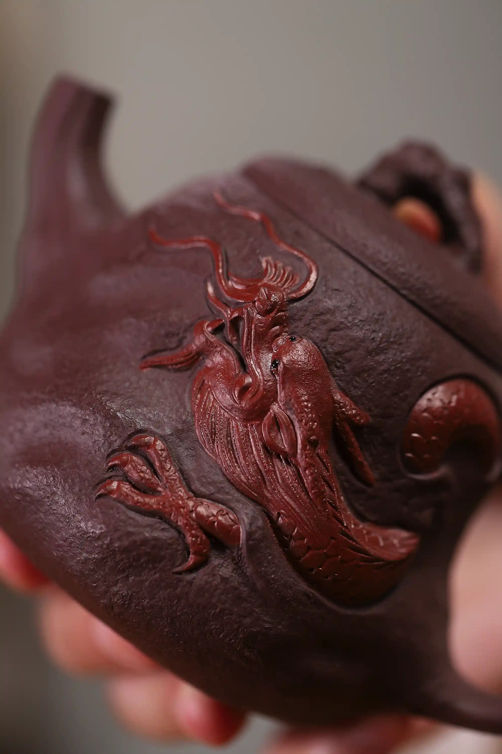 Yixing Zisha Handmade Red Dragon Relief Teapot
