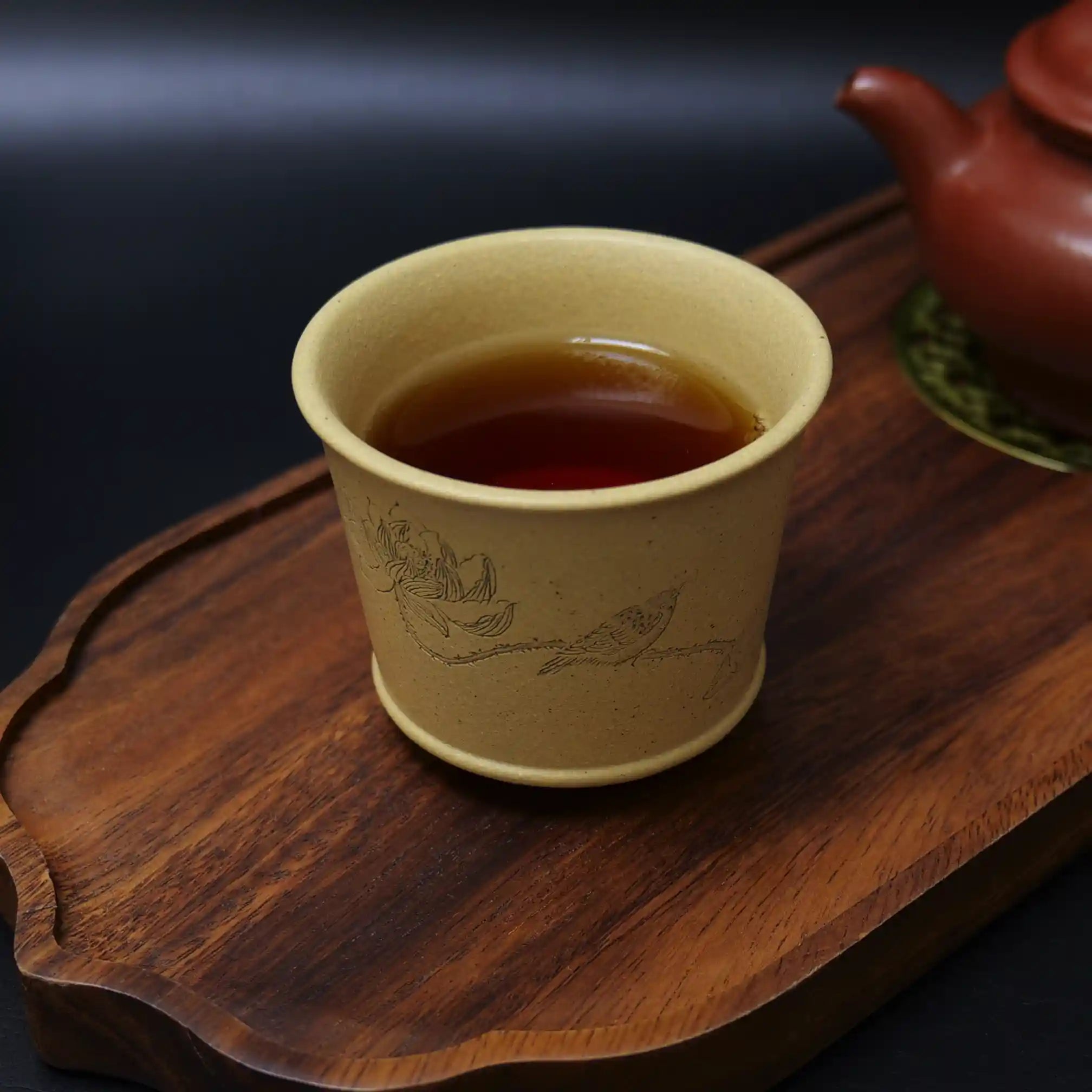 Yixing Zisha Handmade "Harmony is Precious" Lotus & Bird Teacup
