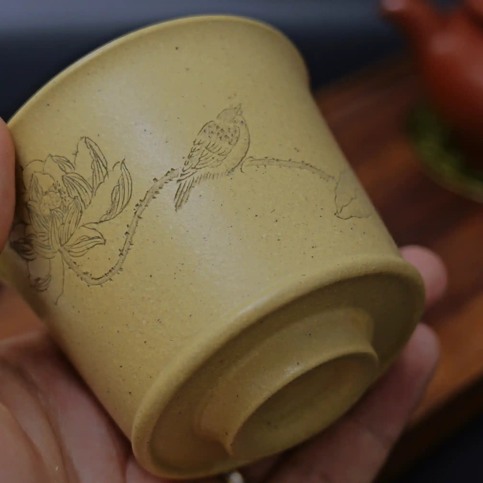 Yixing Zisha Handmade "Harmony is Precious" Lotus & Bird Teacup