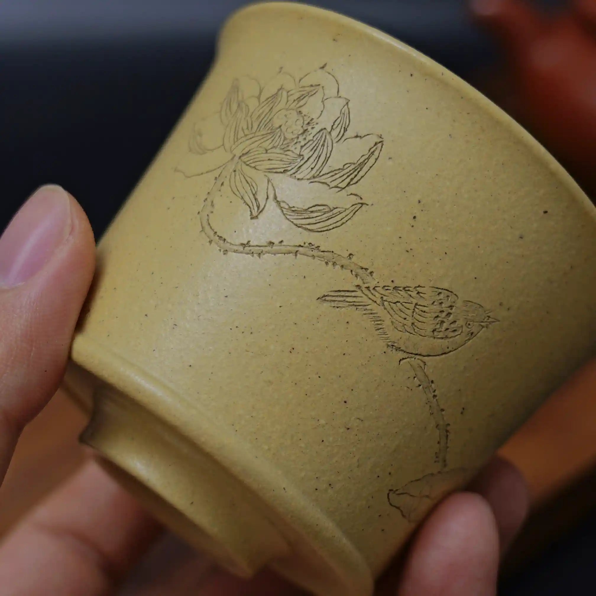 Yixing Zisha Handmade "Harmony is Precious" Lotus & Bird Teacup