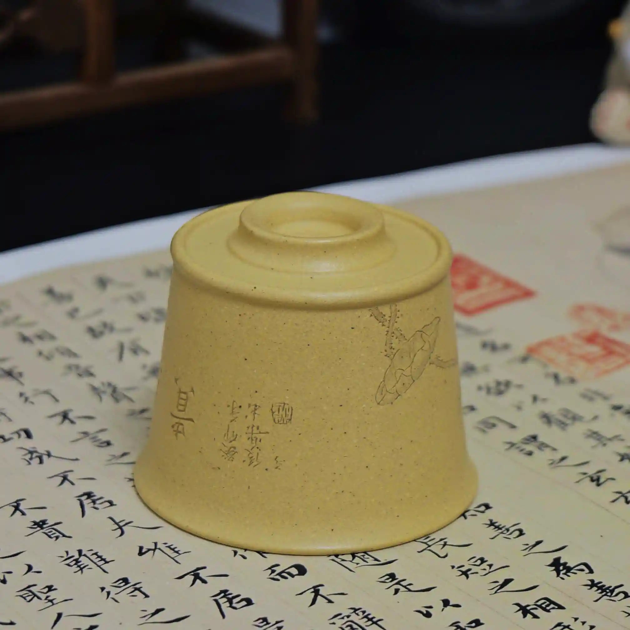 Yixing Zisha Handmade "Harmony is Precious" Lotus & Bird Teacup