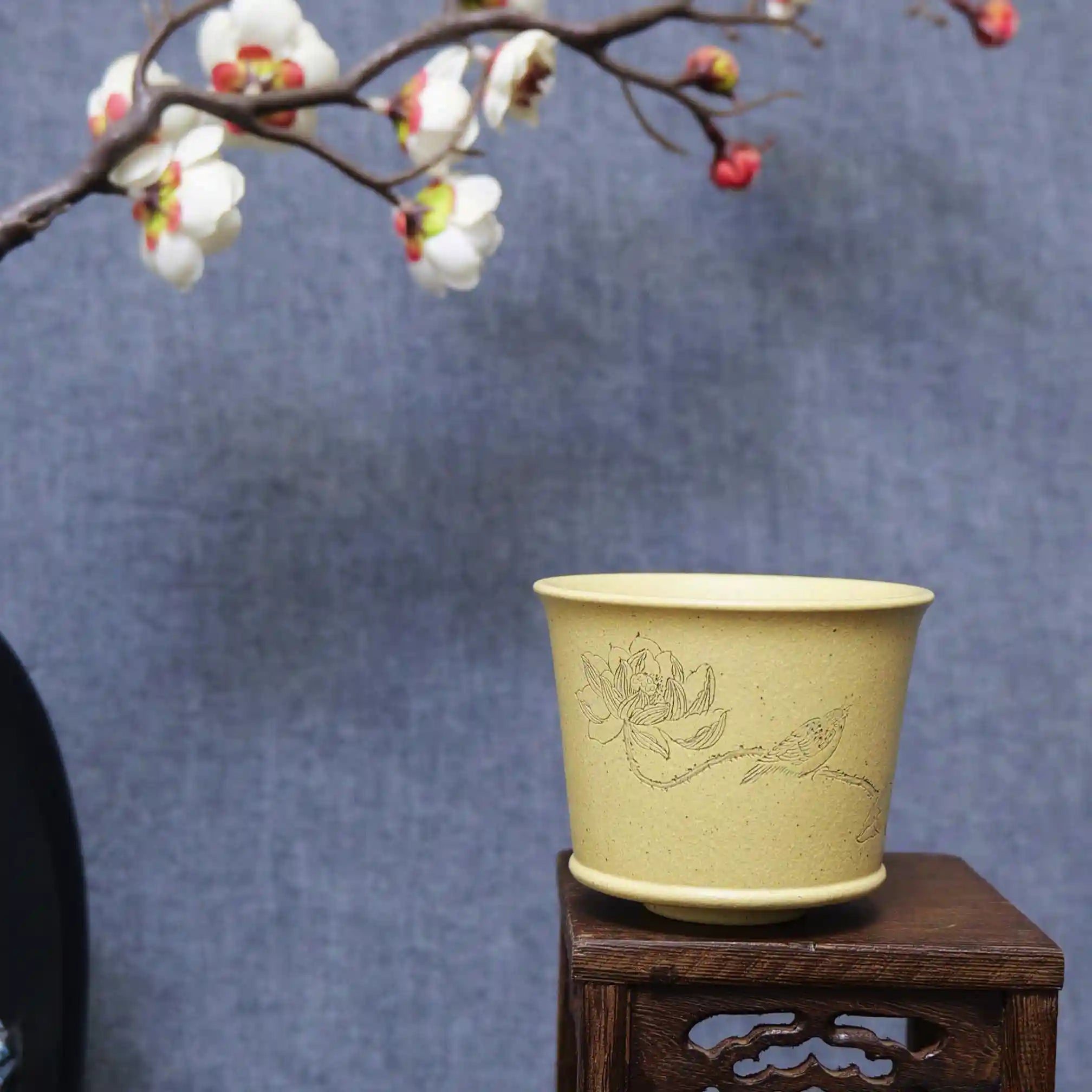 Yixing Zisha Handmade "Harmony is Precious" Lotus & Bird Teacup