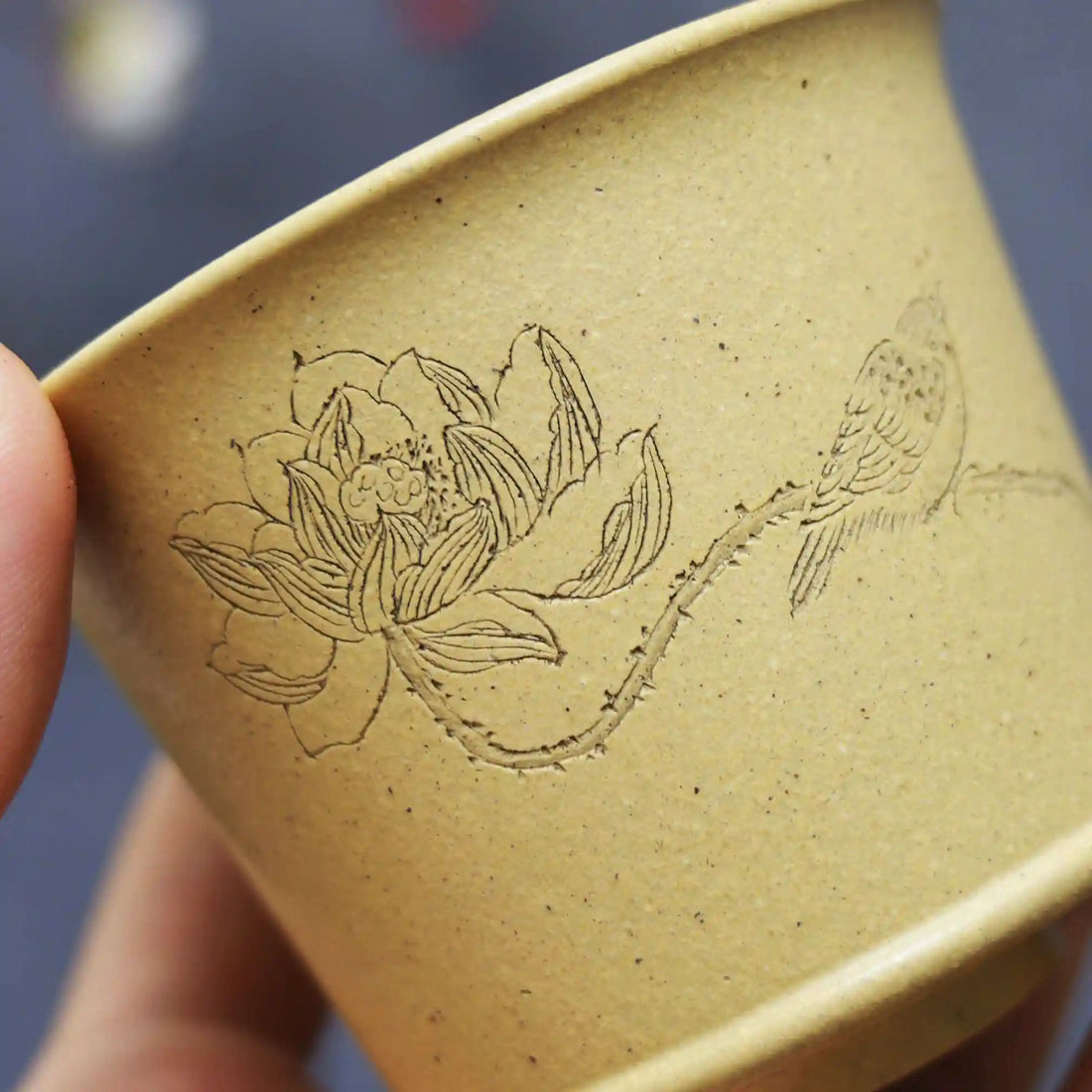 Yixing Zisha Handmade "Harmony is Precious" Lotus & Bird Teacup